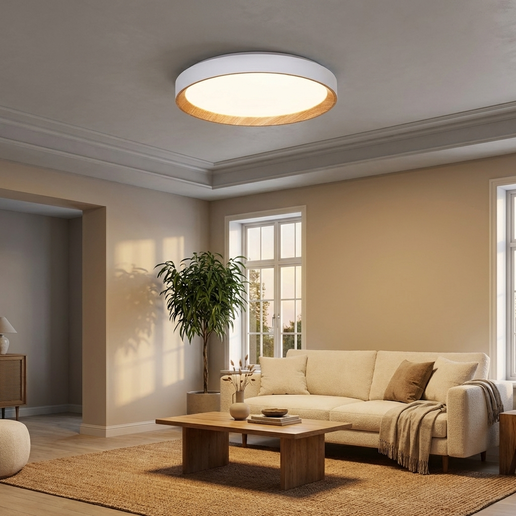 Una sala de estar con sofá beige, mesa de madera, alfombra y plantas.