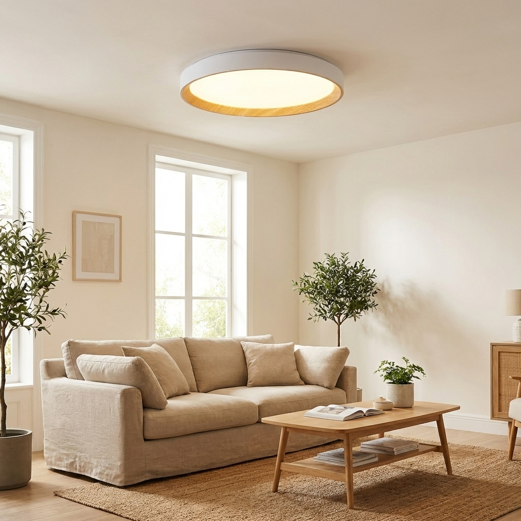 Un salón luminoso con sofá beige, mesa de centro de madera y dos olivos.