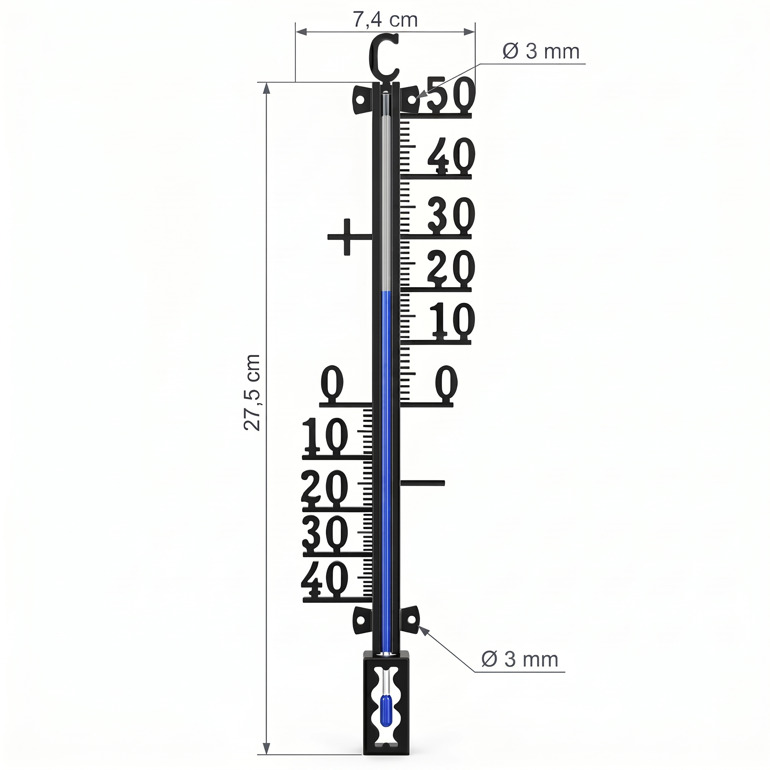 Ein schwarzes Thermometer mit blauer Flüssigkeit zeigt 10 Grad Celsius an.
