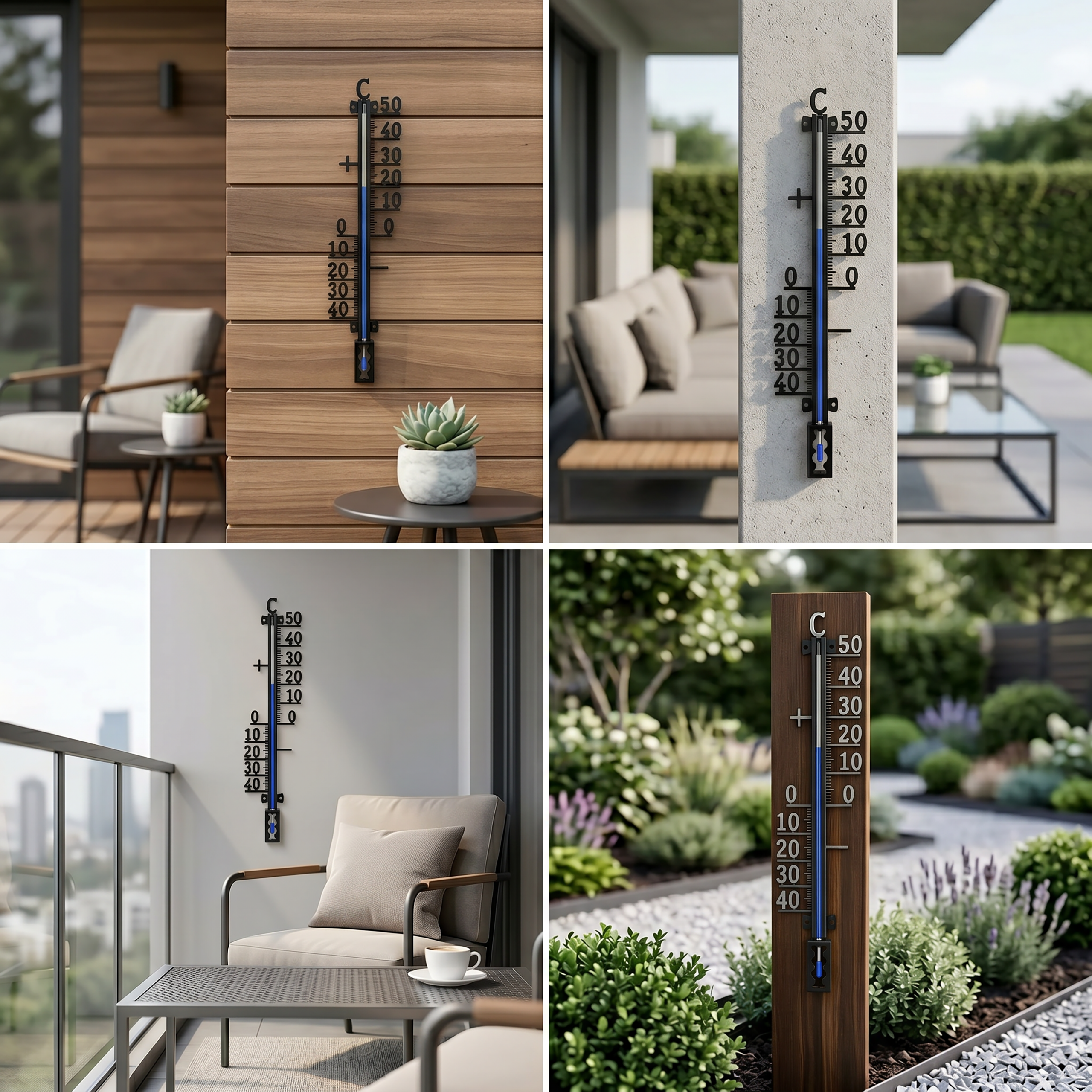 Vier Außenthermometer an verschiedenen Orten, die die Temperatur anzeigen.