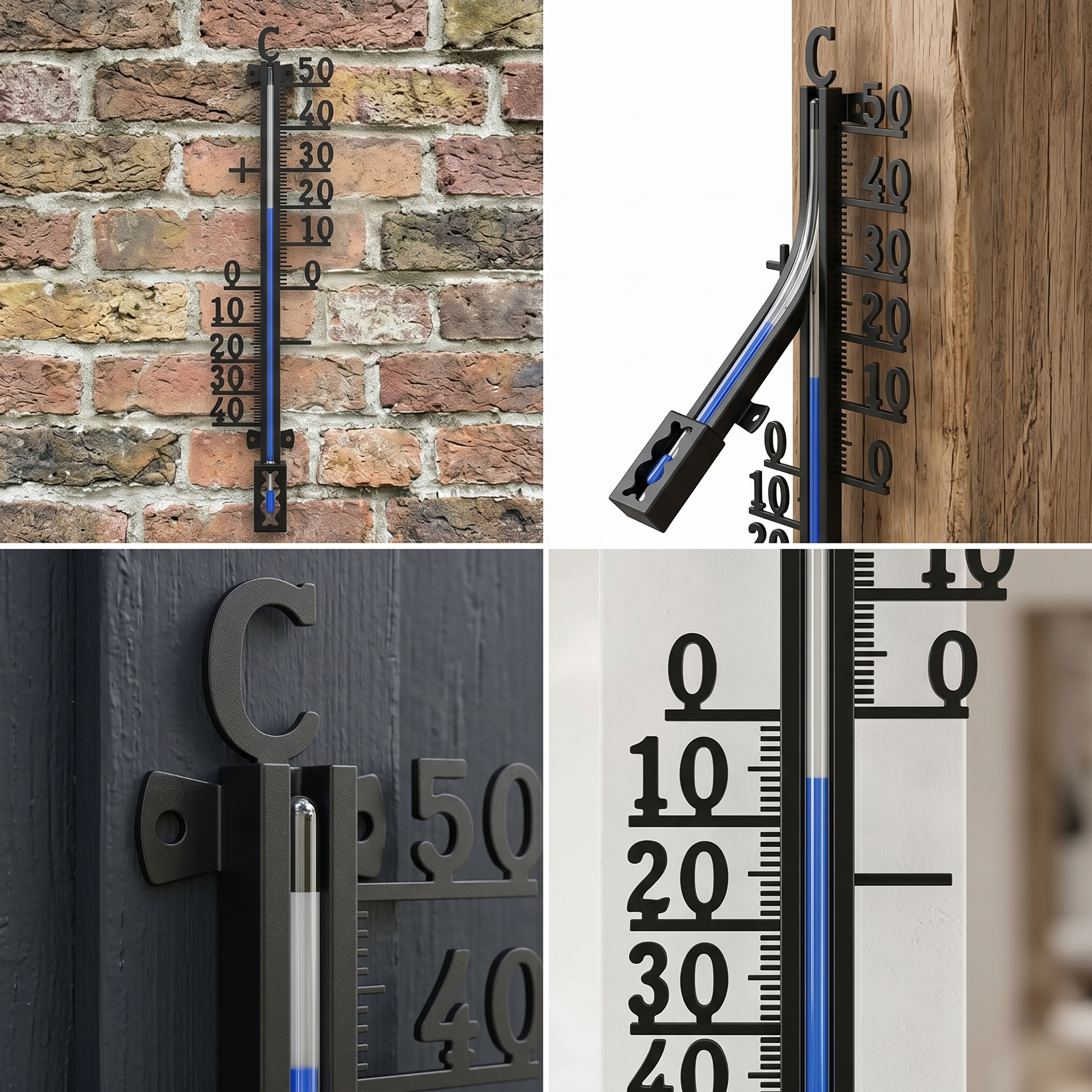 Thermometer an Ziegel-, Holz- und Wandflächen, zeigt Temperaturen an.