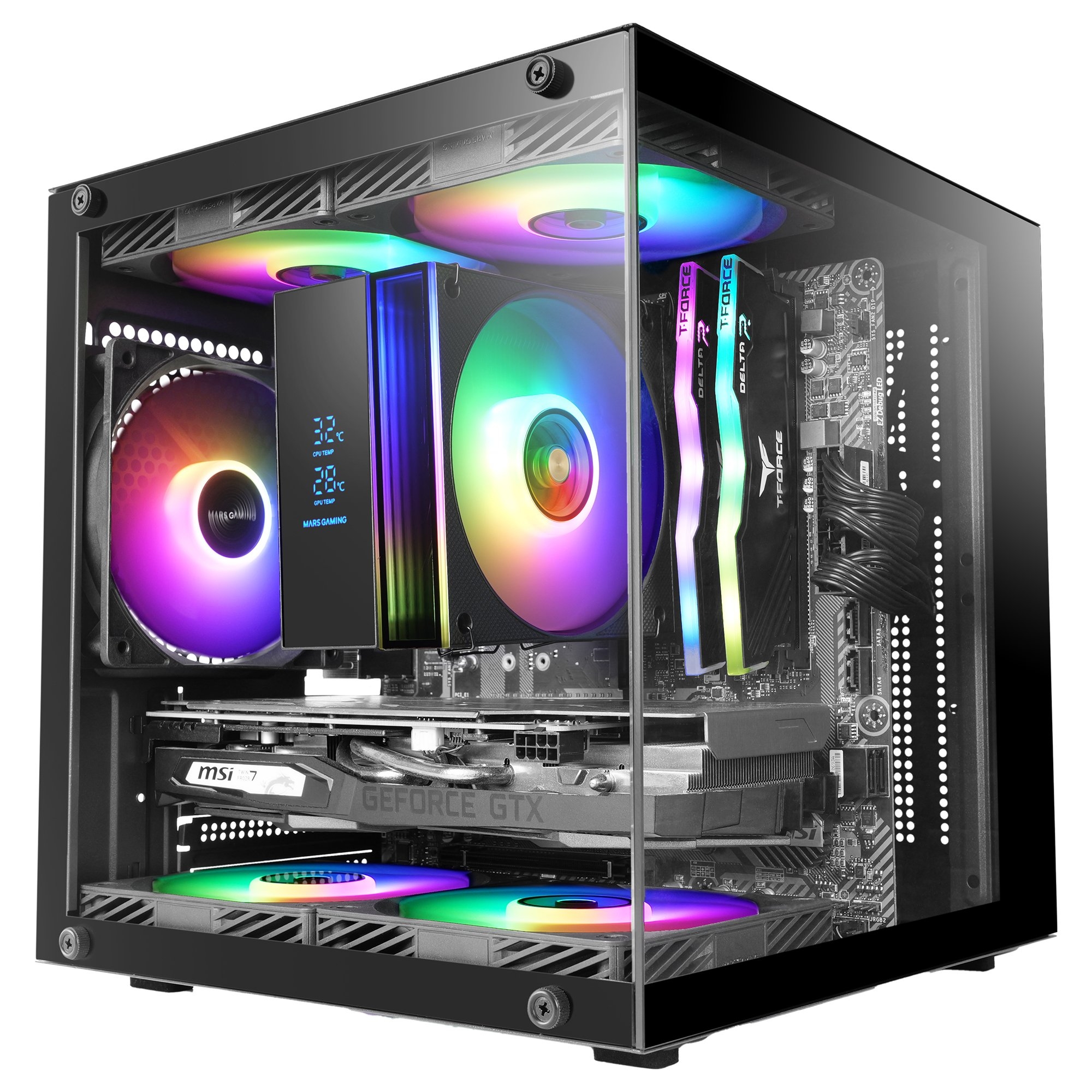 Un case per PC con ventole RGB, dissipatore CPU, RAM e scheda grafica.
