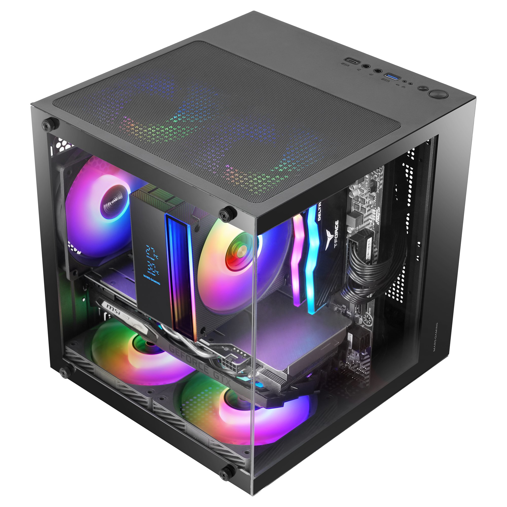 PC da gaming nero con lati in vetro e ventole RGB. Mostra temperatura CPU/GPU.