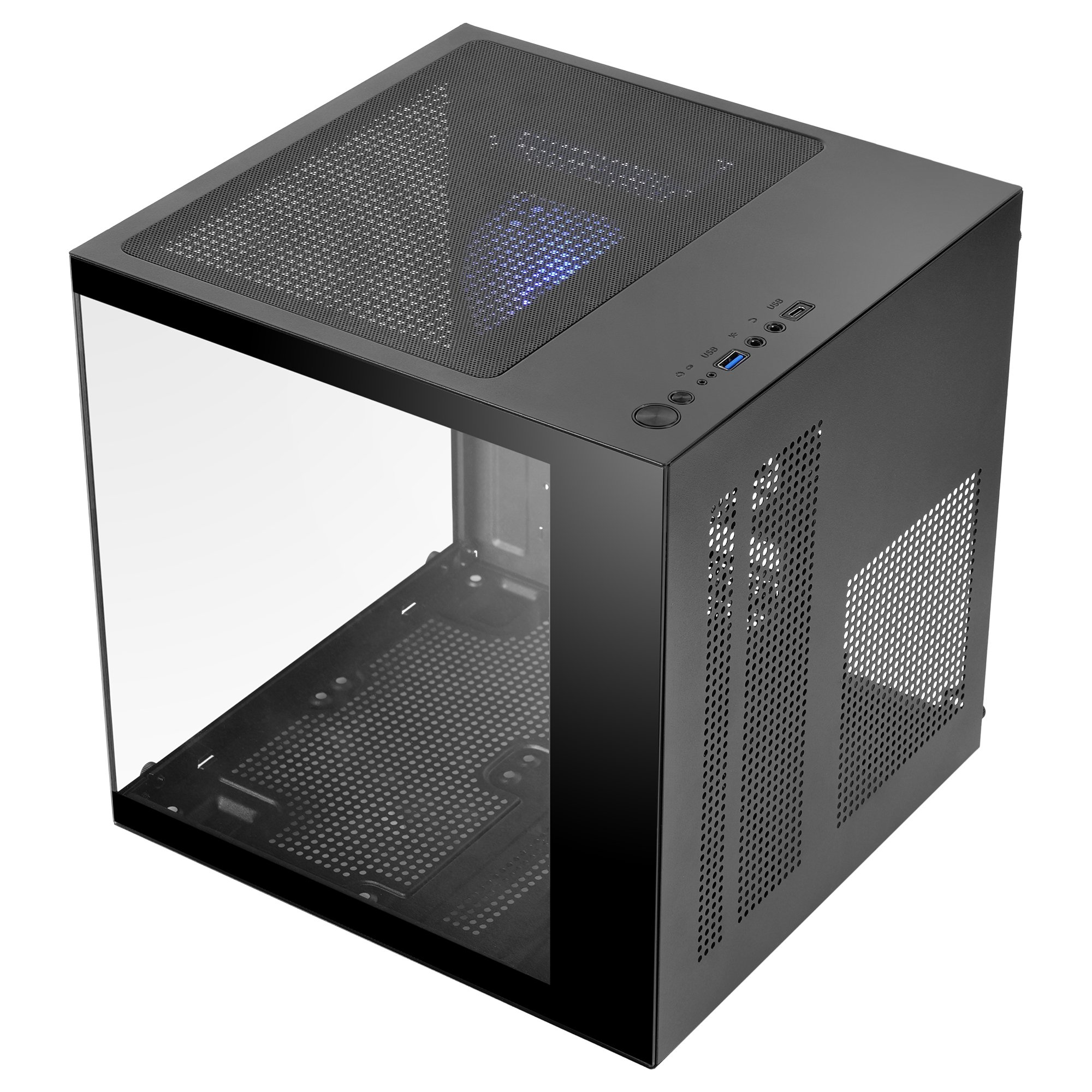 Case del computer nero con pannello frontale in vetro e ventola illuminata blu.