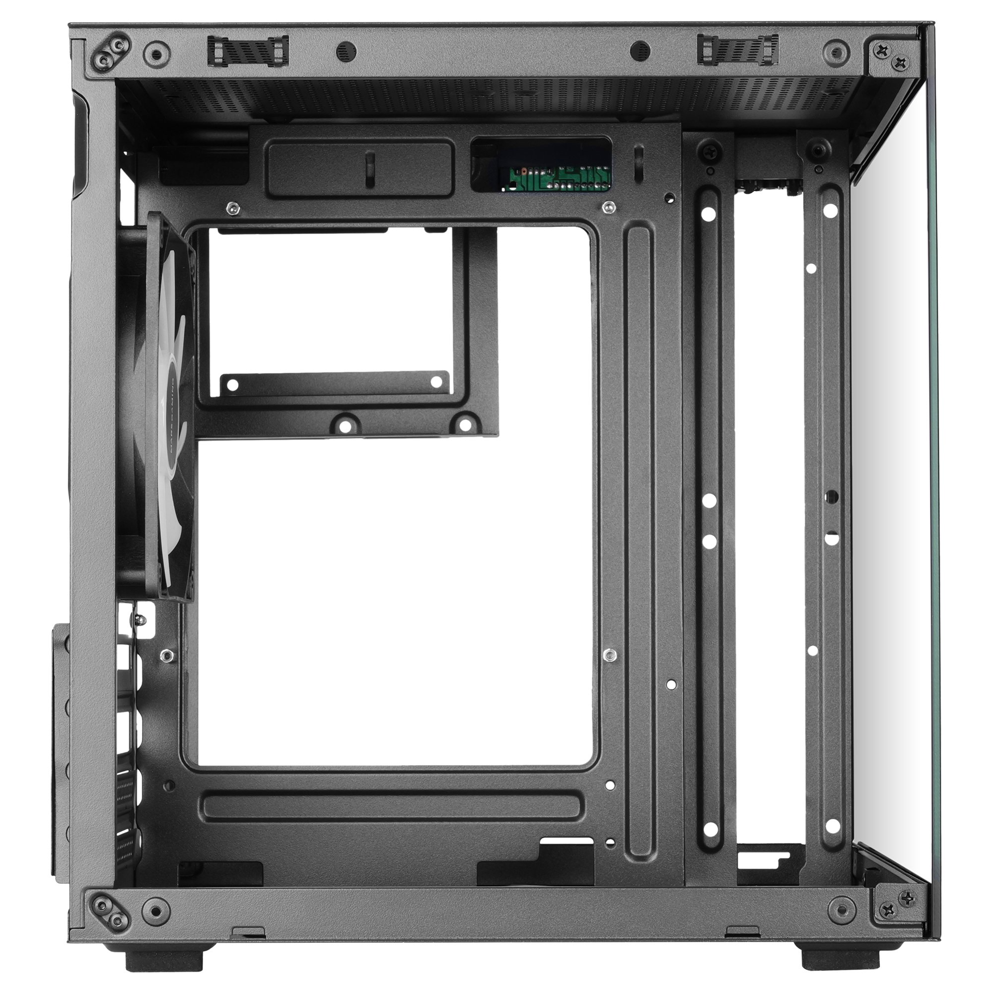 Vista interna di un case per computer scuro con ventola e montanti metallici.