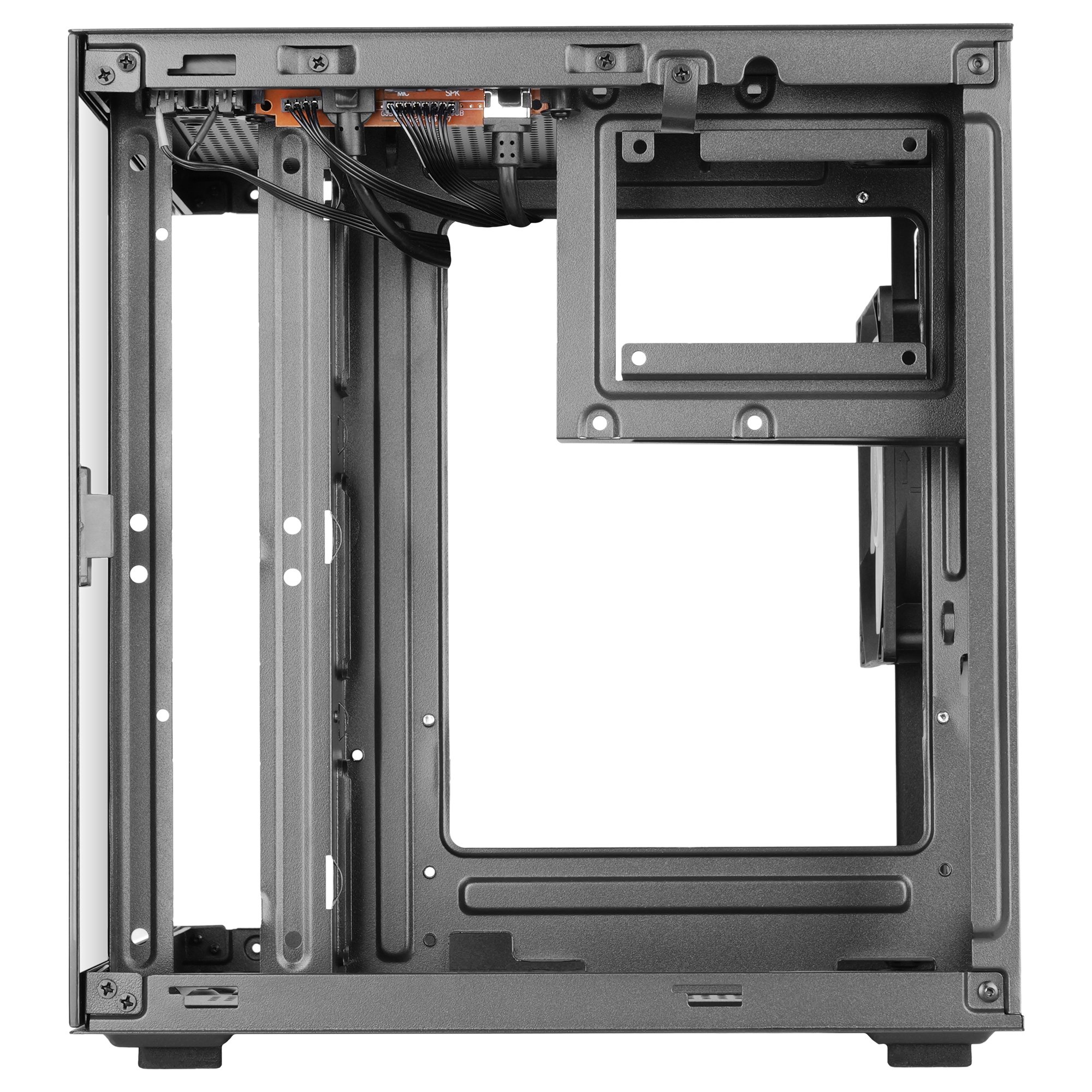 Interno vuoto di case PC con frontale in vetro e cavi.