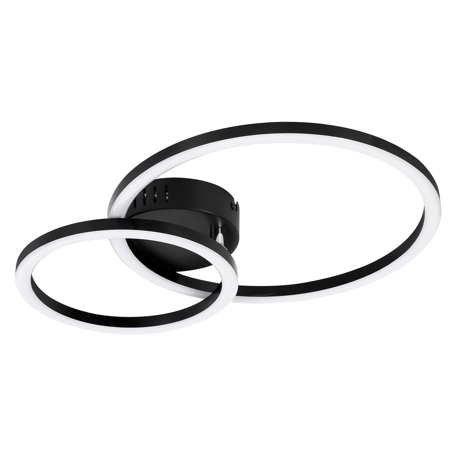 Moderne schwarze Deckenleuchte mit zwei verbundenen Ringen und LED-Beleuchtung.