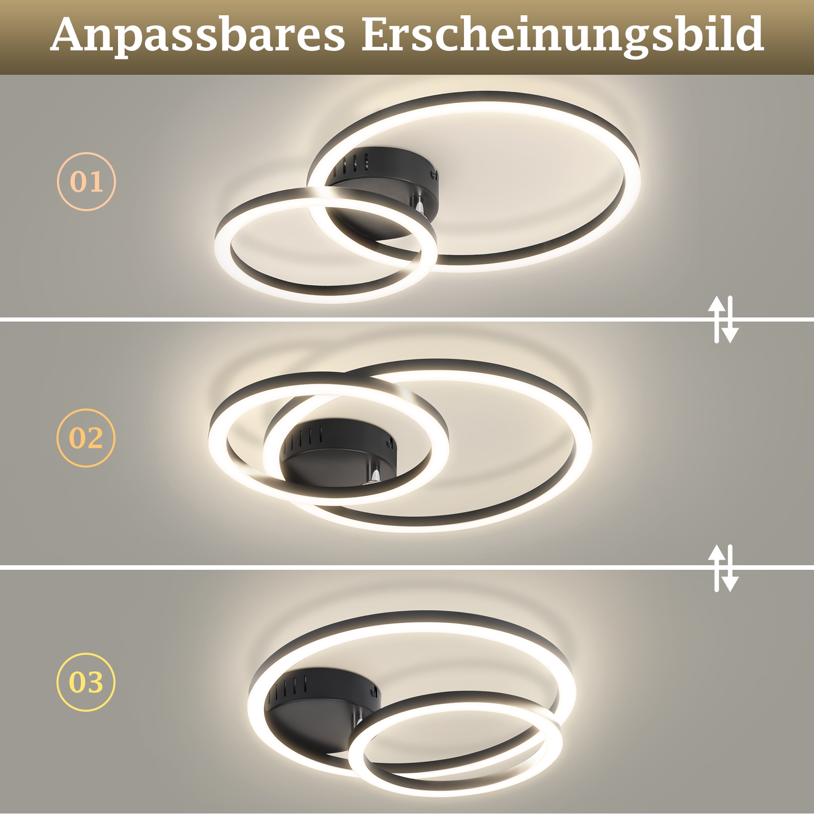 Lampada da soffitto moderna con due anelli intrecciati, illuminata a LED, in tre varianti.