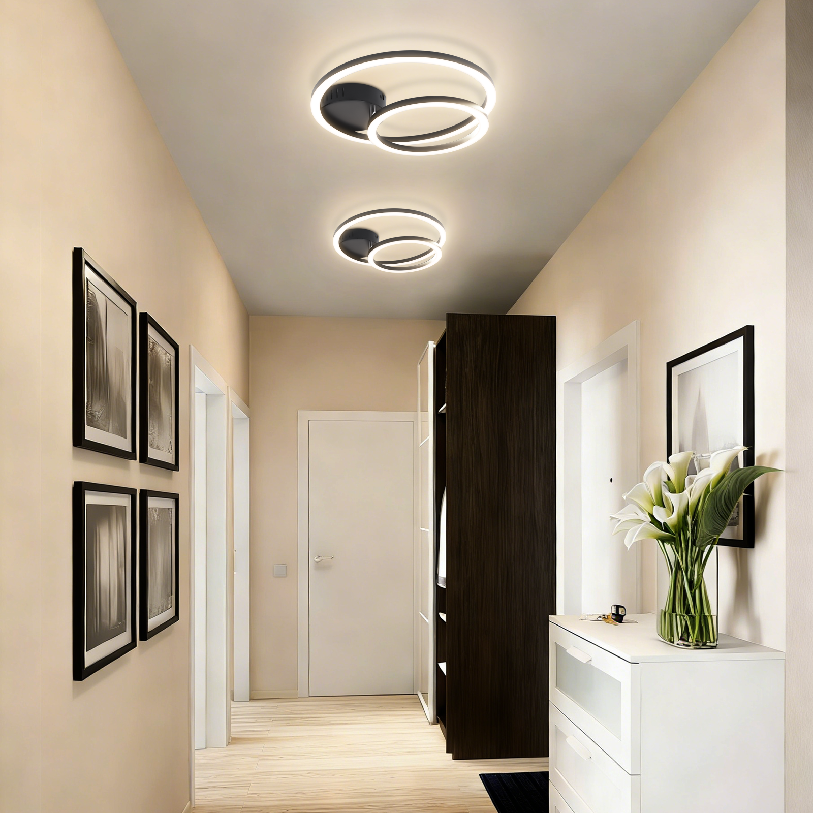 Corridoio con plafoniere moderne, quadri e una cassettiera con fiori.