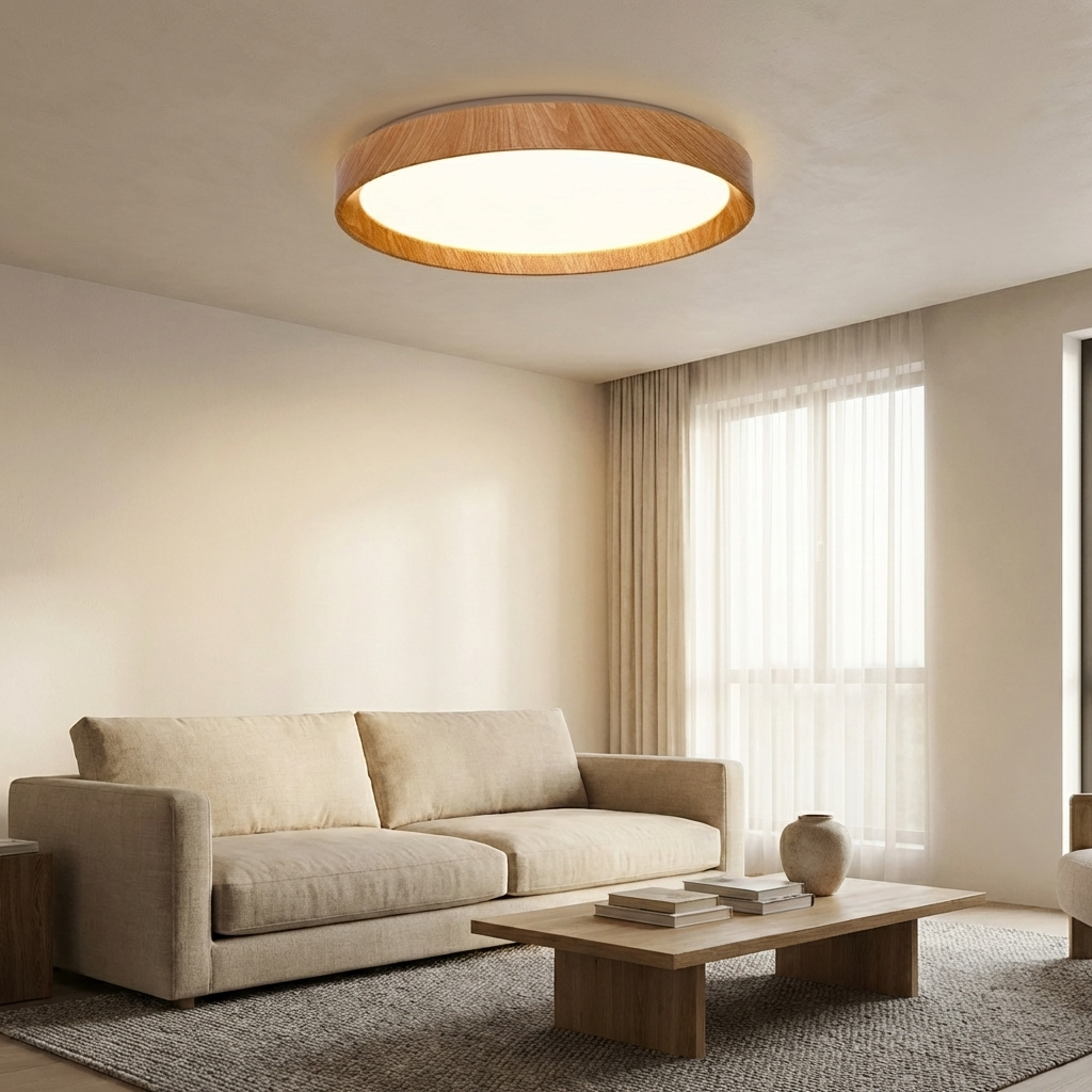 Una sala de estar luminosa con sofá beige, mesa de centro de madera y lámpara de techo redonda.
