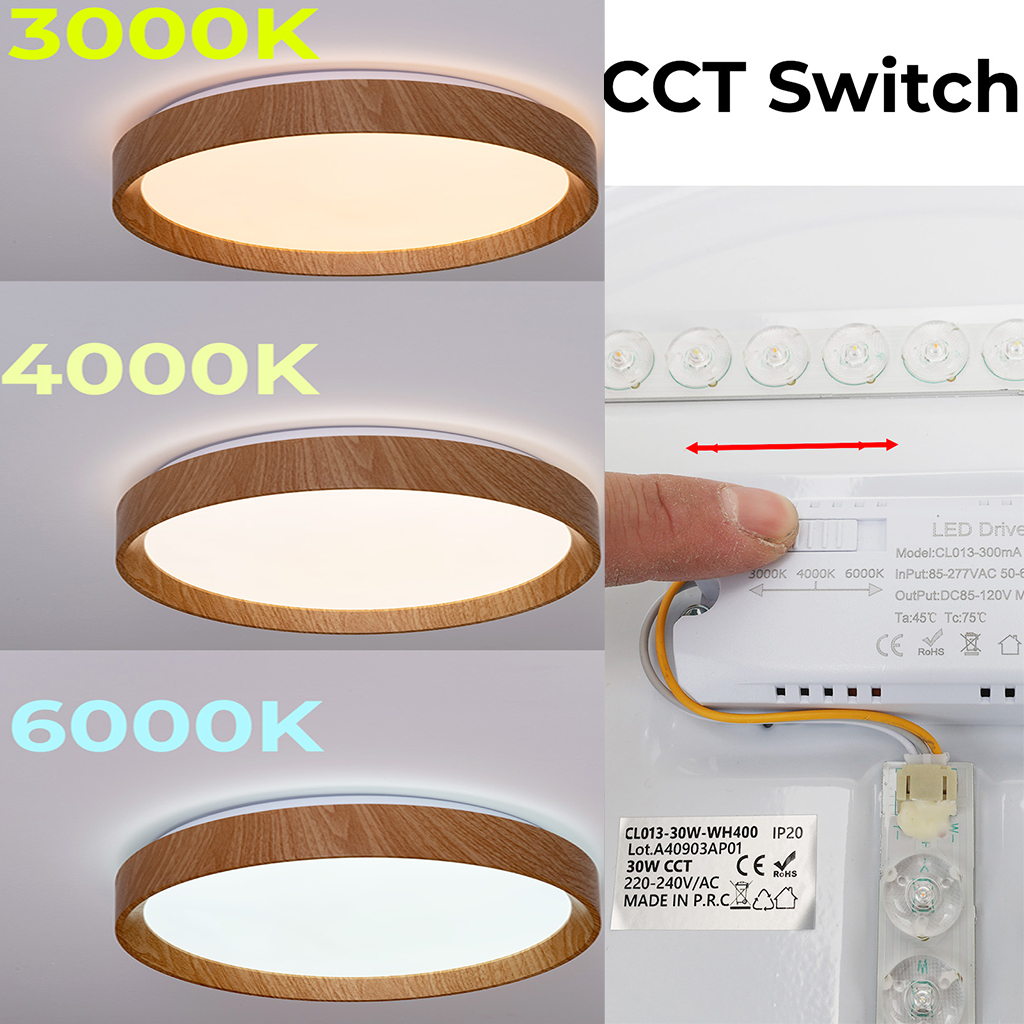 Luz de techo con marco de madera muestra iluminación 3000K, 4000K, 6000K. Primer plano del ajuste del interruptor CCT.