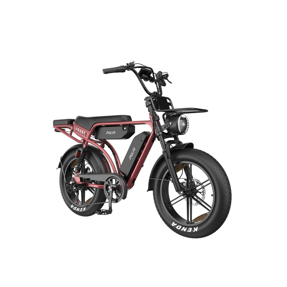 Czerwony rower elektryczny z grubymi oponami, czarnym siodełkiem, bagażnikiem i akumulatorem.