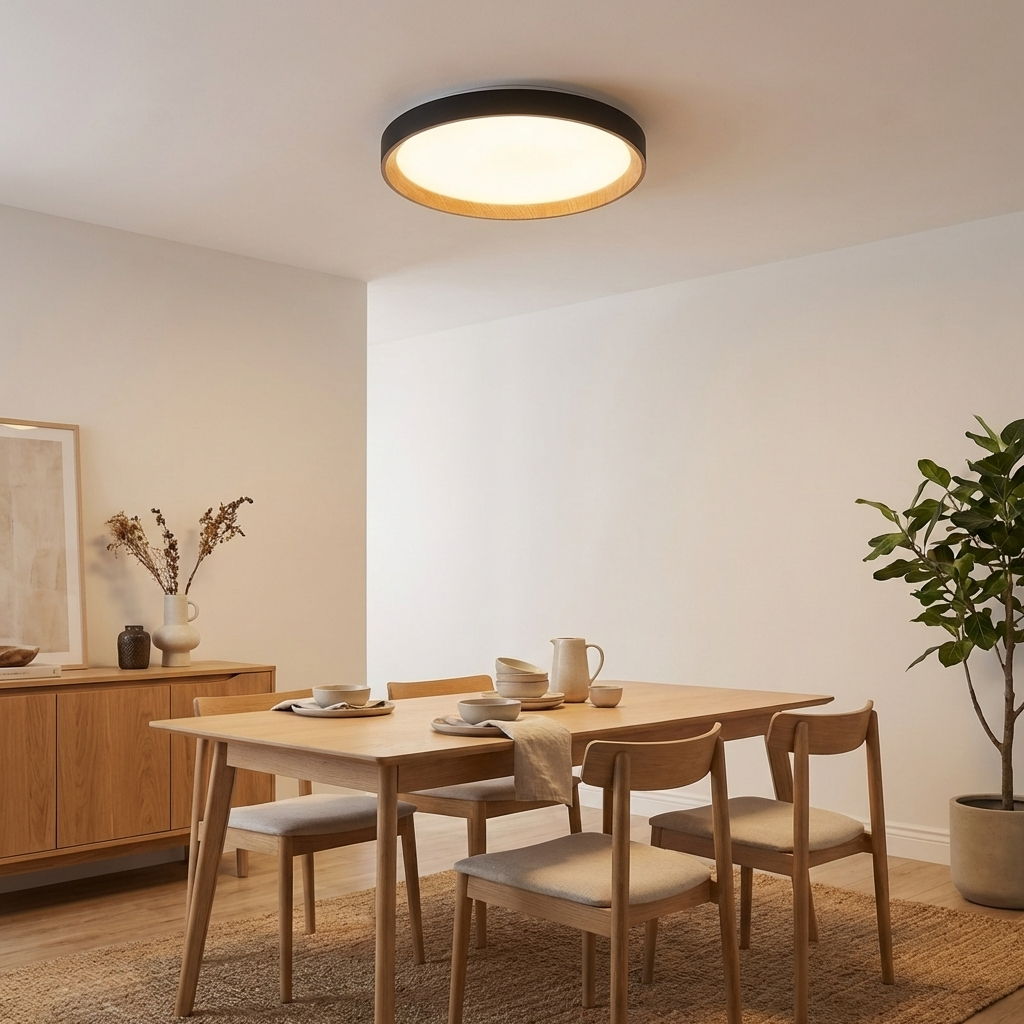 Un comedor moderno con mesa, sillas, aparador y lámpara de techo de madera clara.