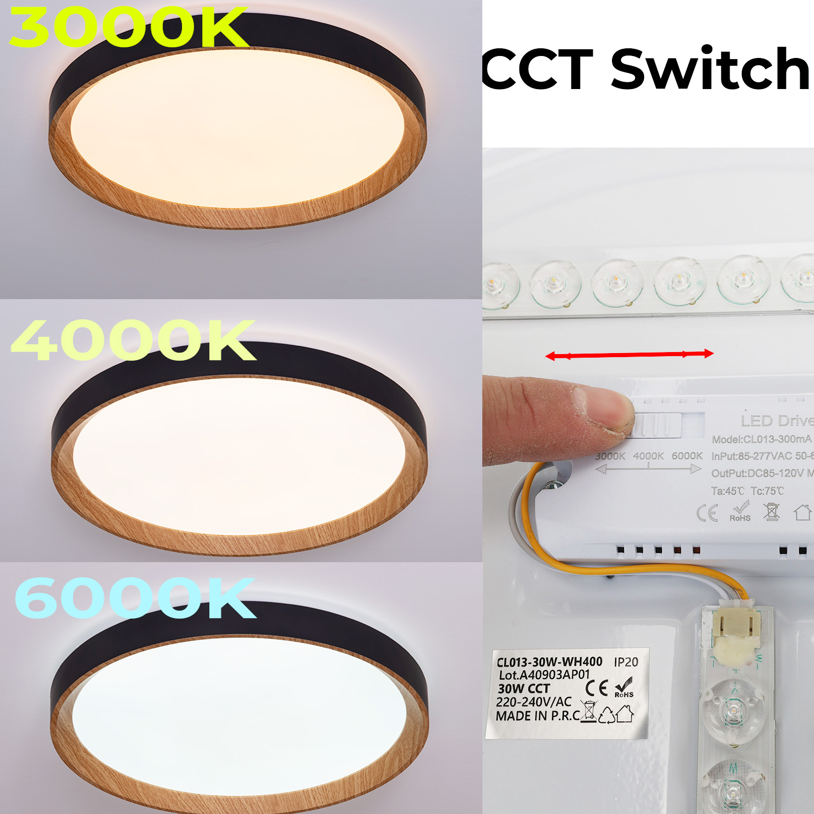 Luz de techo con temperatura de color ajustable (3000K, 4000K, 6000K).