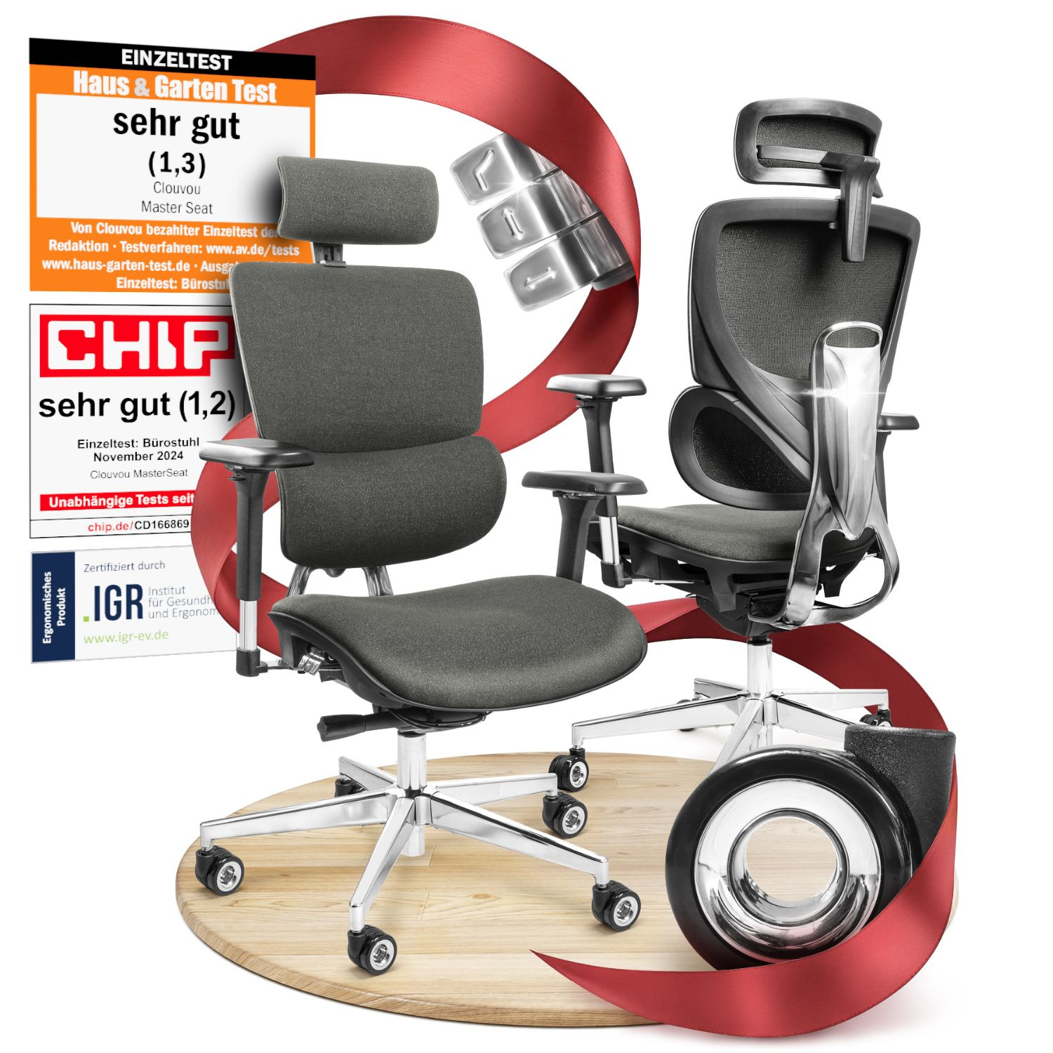 Zwei ergonomische Bürostühle mit rotem Band, eines mit Testsiegeln.