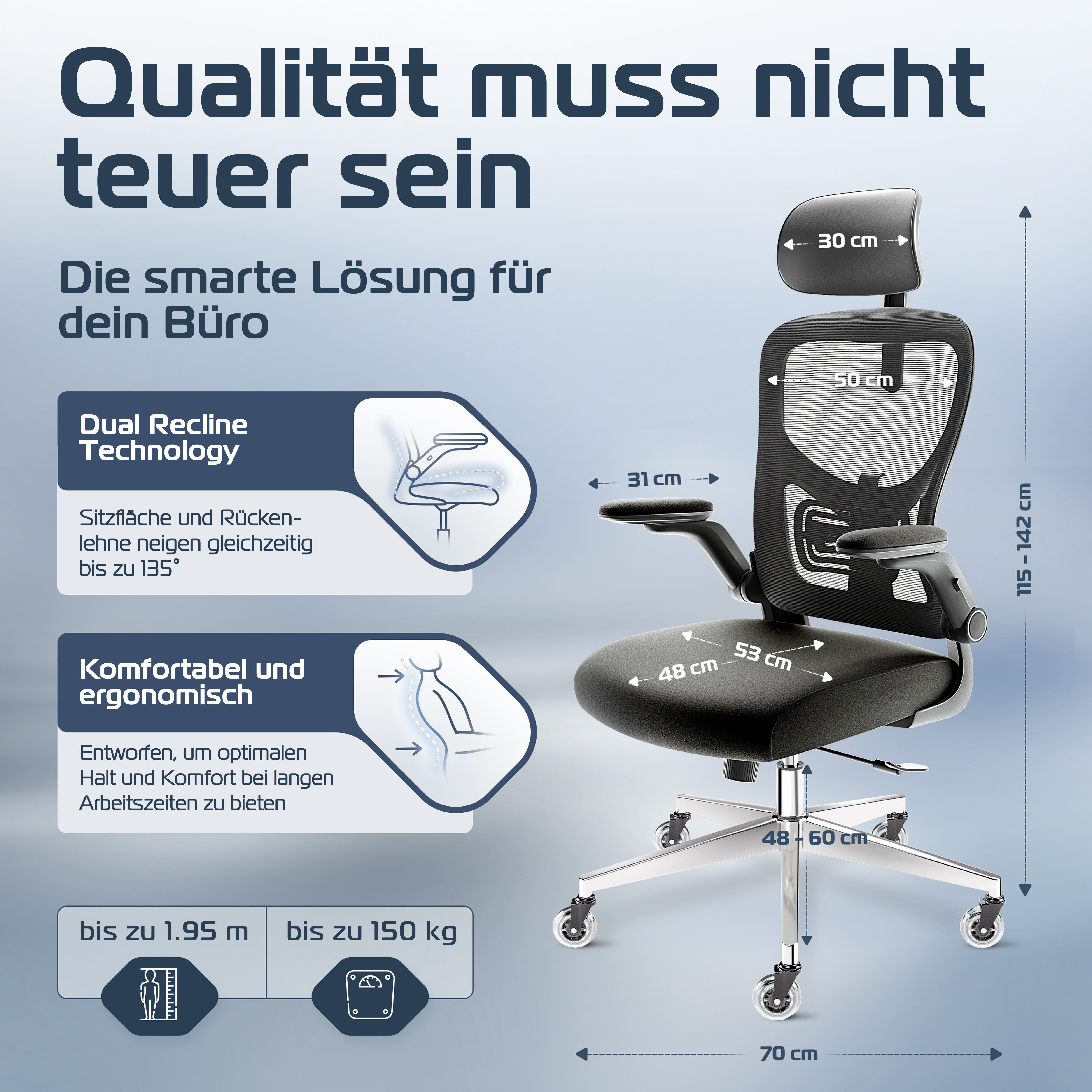 Ein schwarzer Bürostuhl mit Maßen und Funktionen.