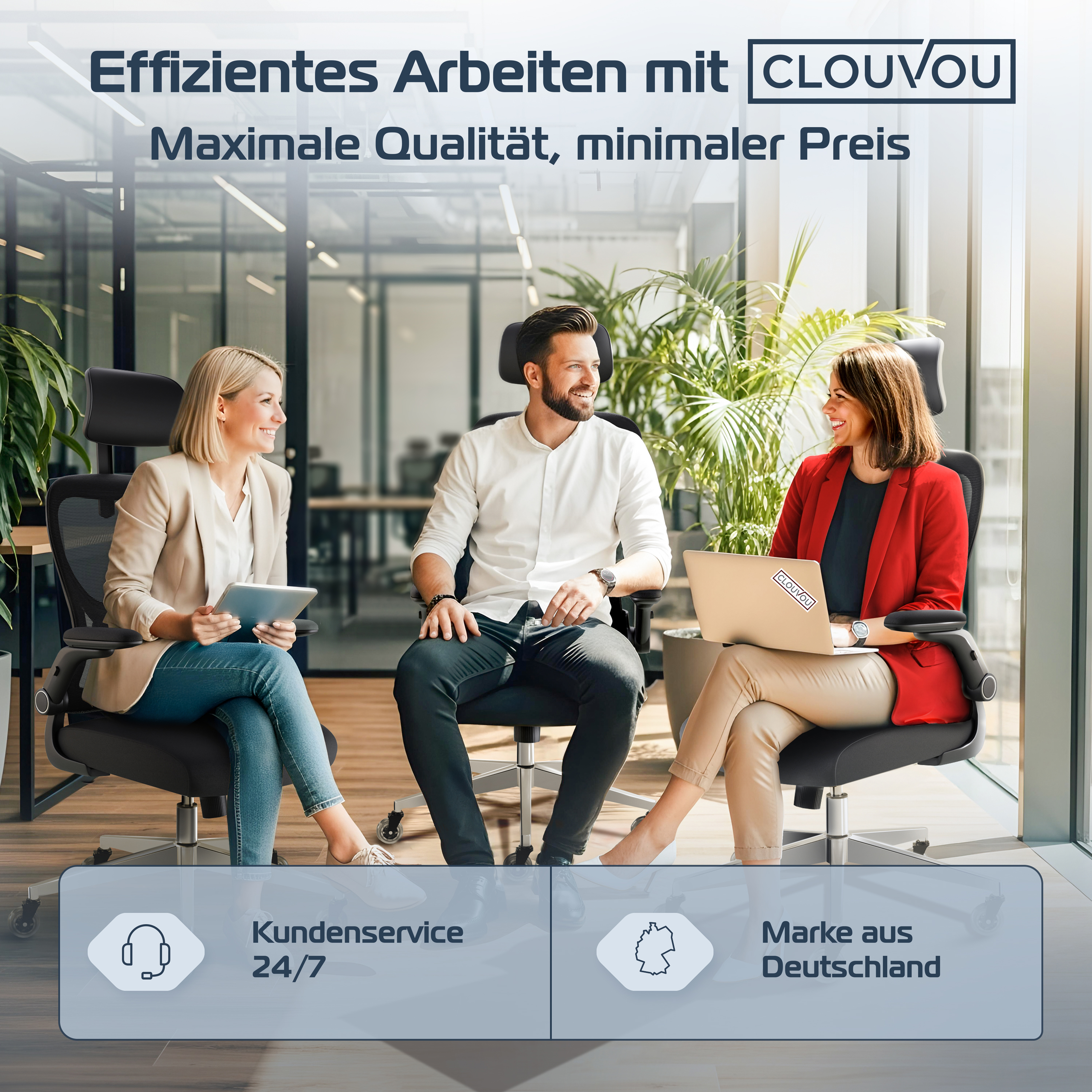 Drei Personen sitzen in Bürostühlen. Effizientes Arbeiten mit CLOUVOU.