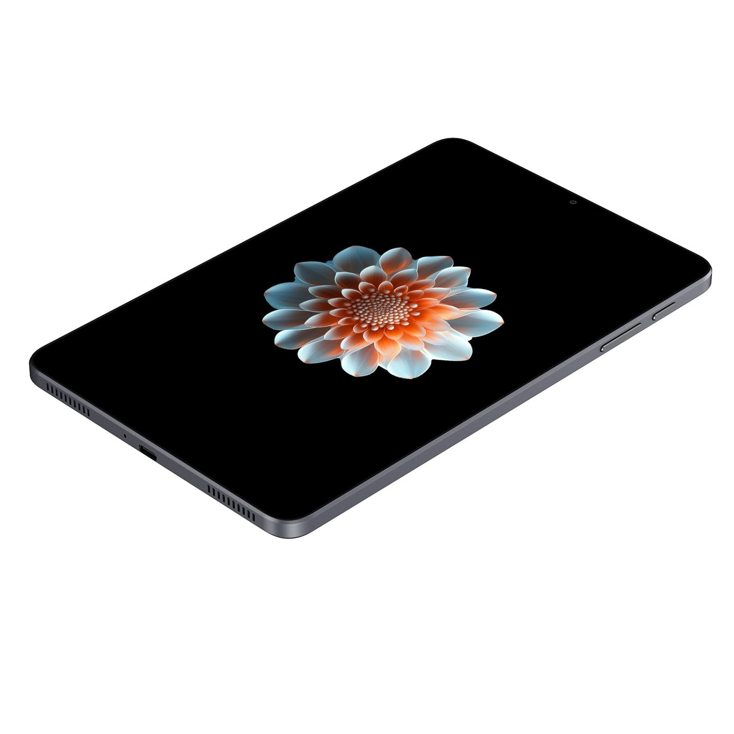 Una tableta muestra una gráfica de flor abstracta y vibrante en su pantalla negra.