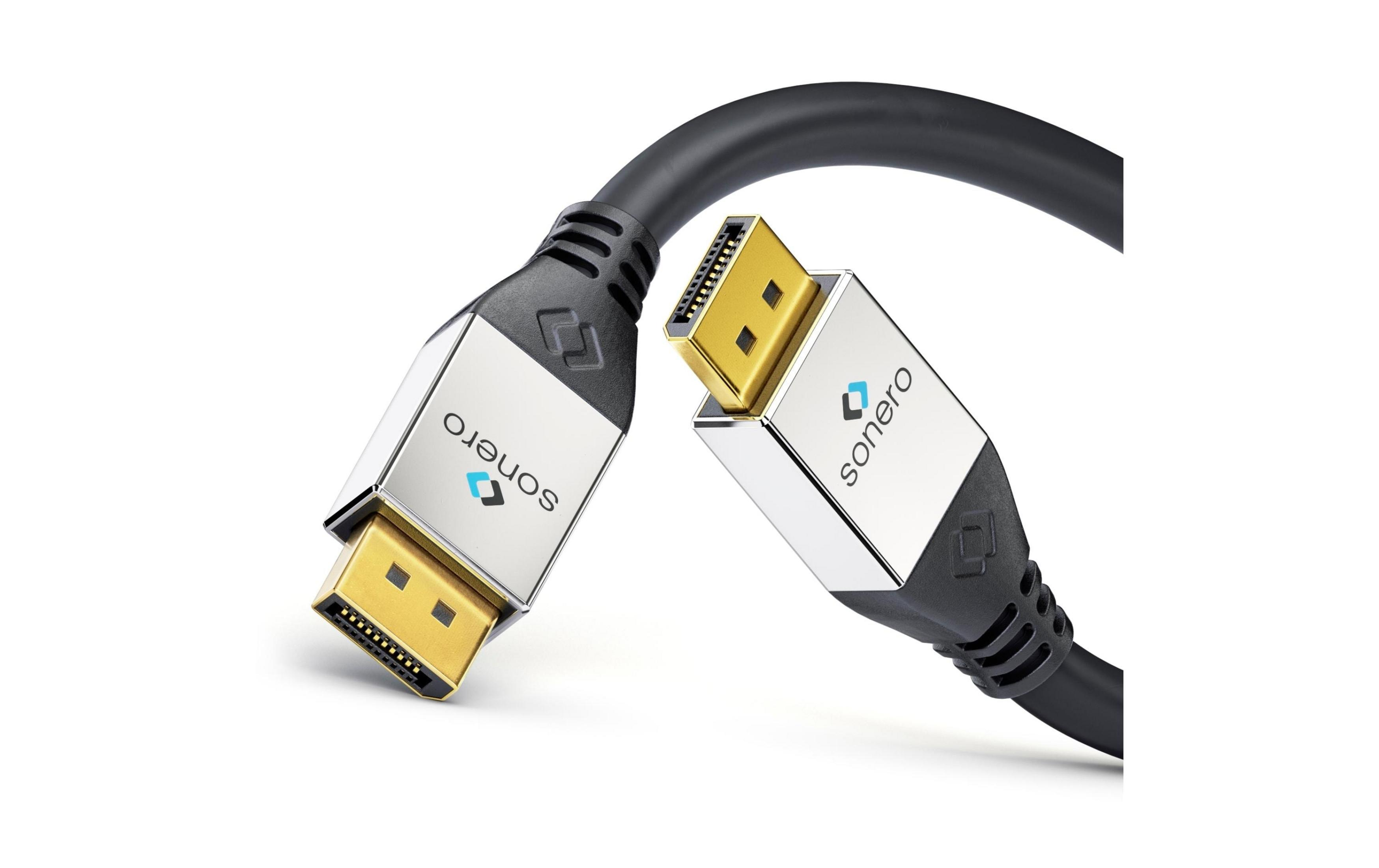 Zwei goldene DisplayPort-Stecker mit silbernen Gehäusen und schwarzem Kabel.