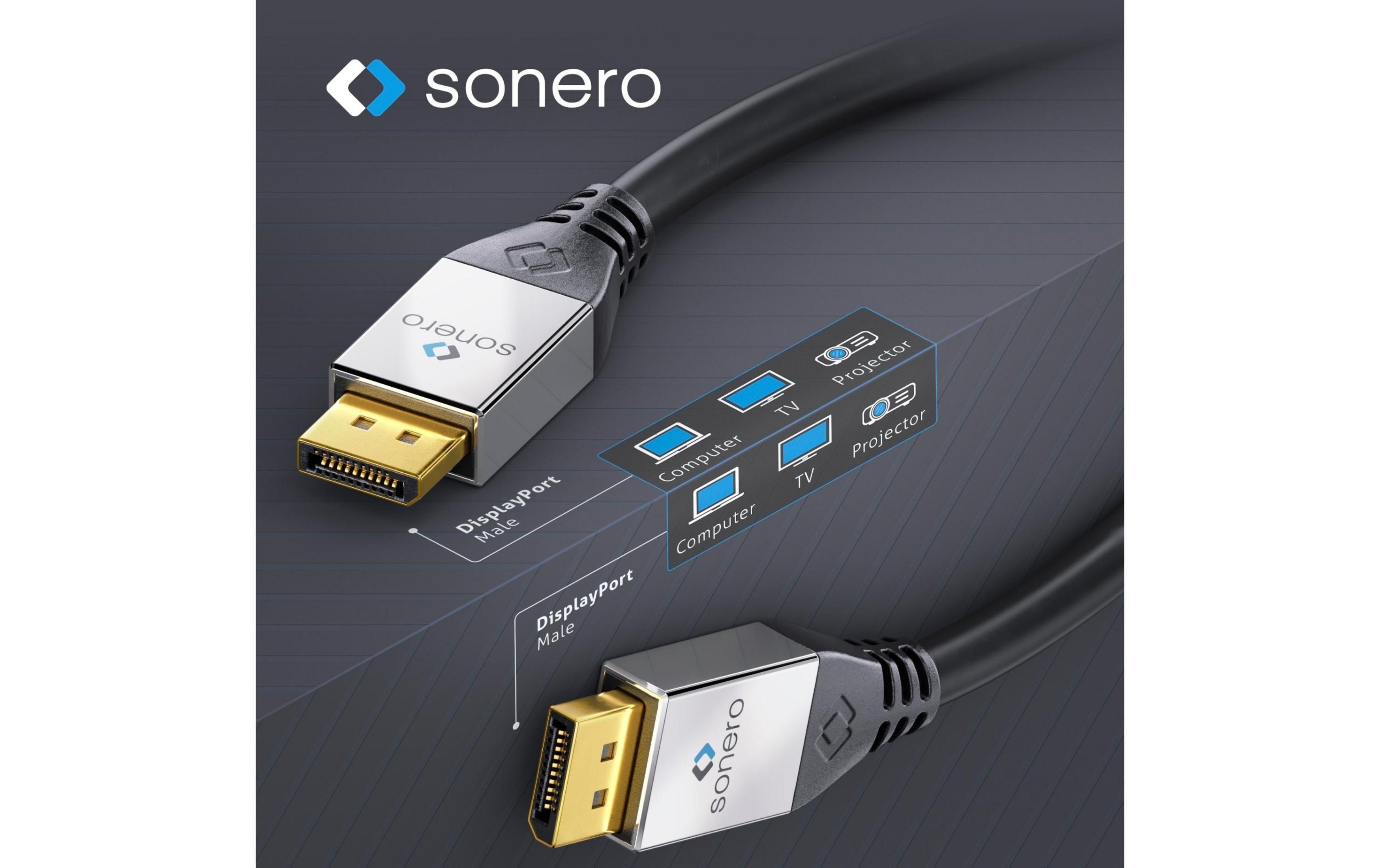 Sonero DisplayPort-Kabel mit goldenen Anschlüssen und schematischer Darstellung.