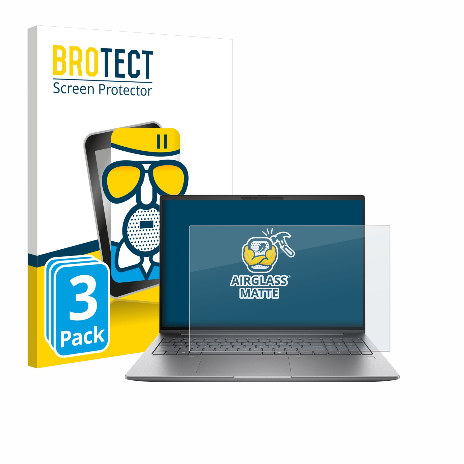 Laptop mit BROTECT Displayschutzfolie und 3er-Pack-Verpackung.