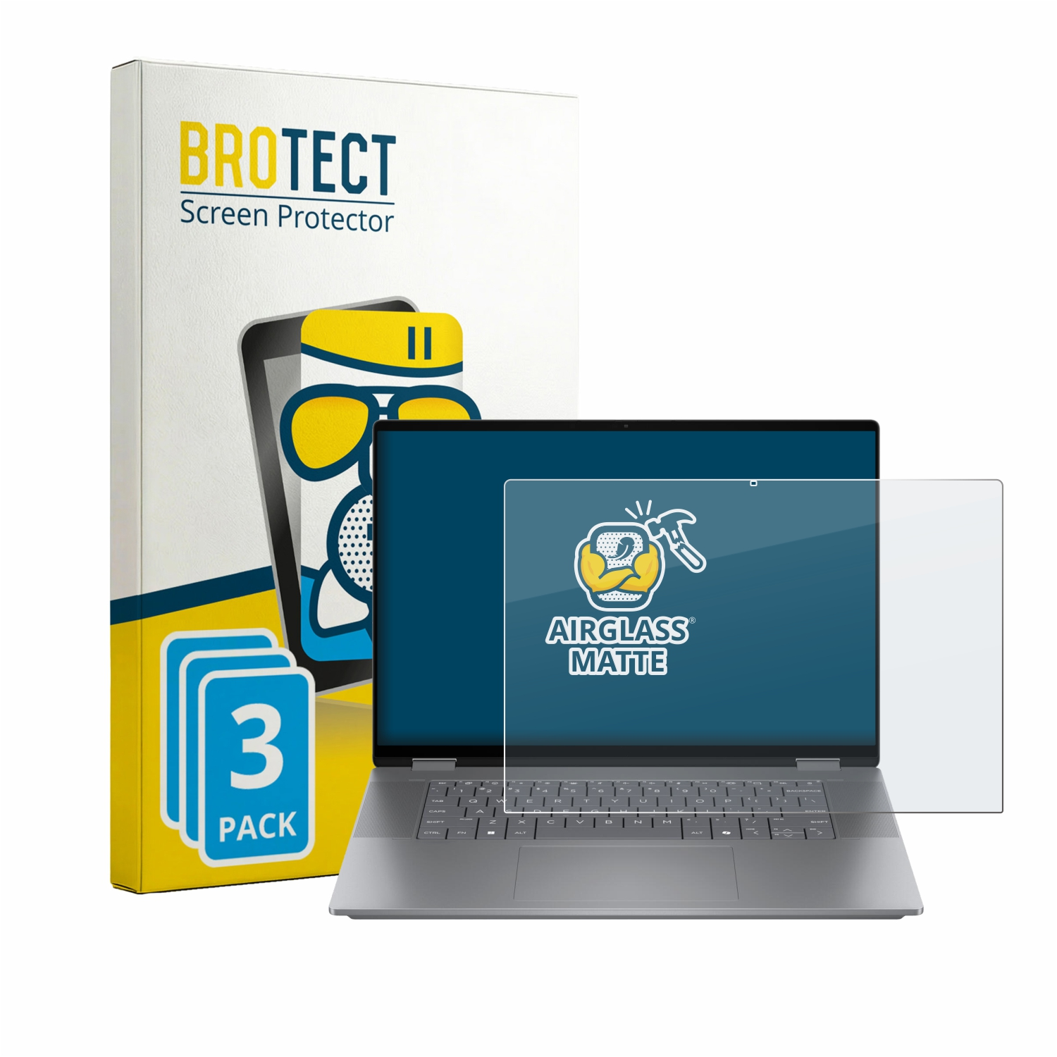 Ein Laptop mit einem BROTECT Displayschutz und einer 3er-Pack-Verpackung daneben.