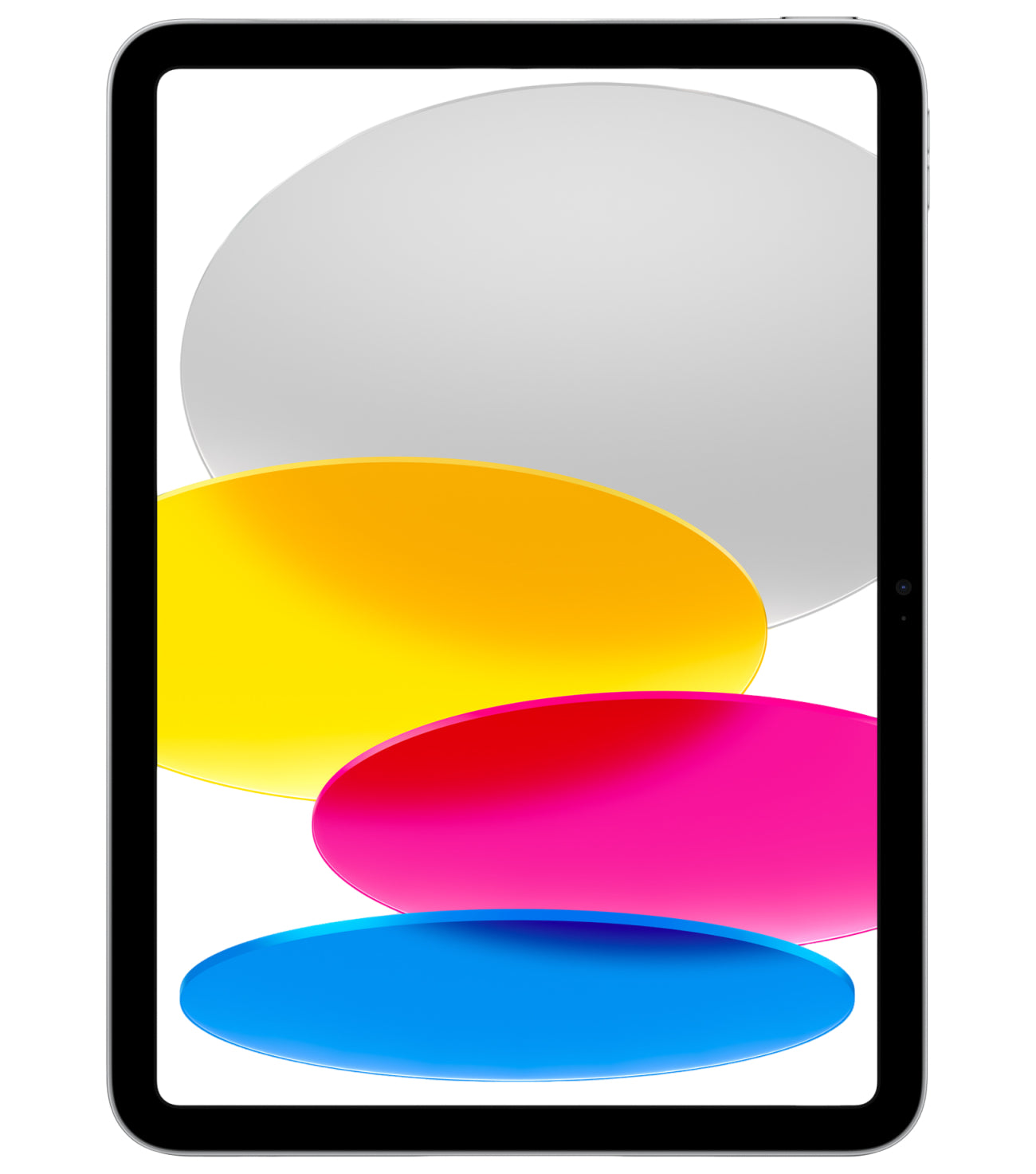 Una tableta con fondo abstracto de círculos superpuestos en gris, amarillo, rojo y azul.