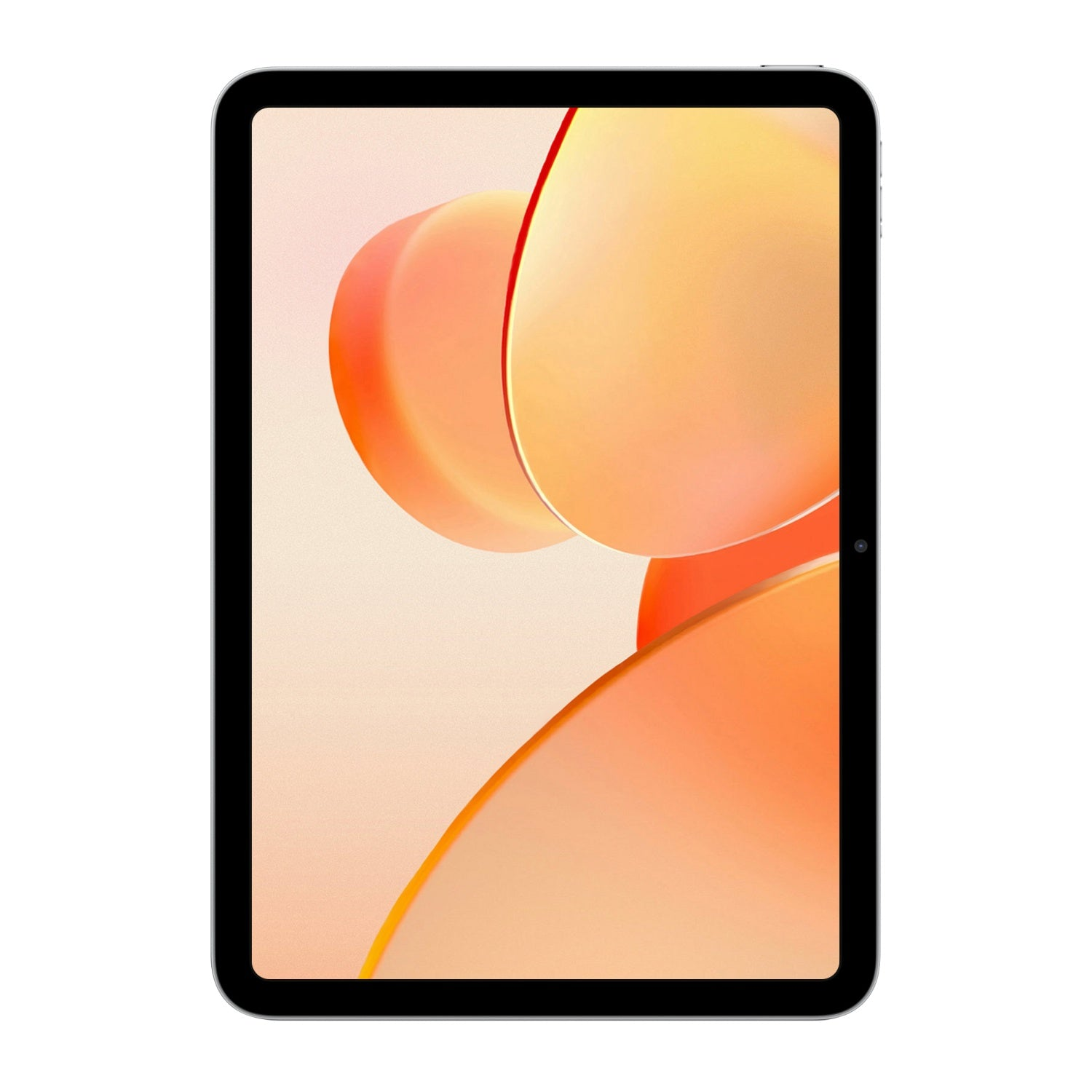 Una tableta plateada con un fondo abstracto naranja y amarillo en la pantalla.