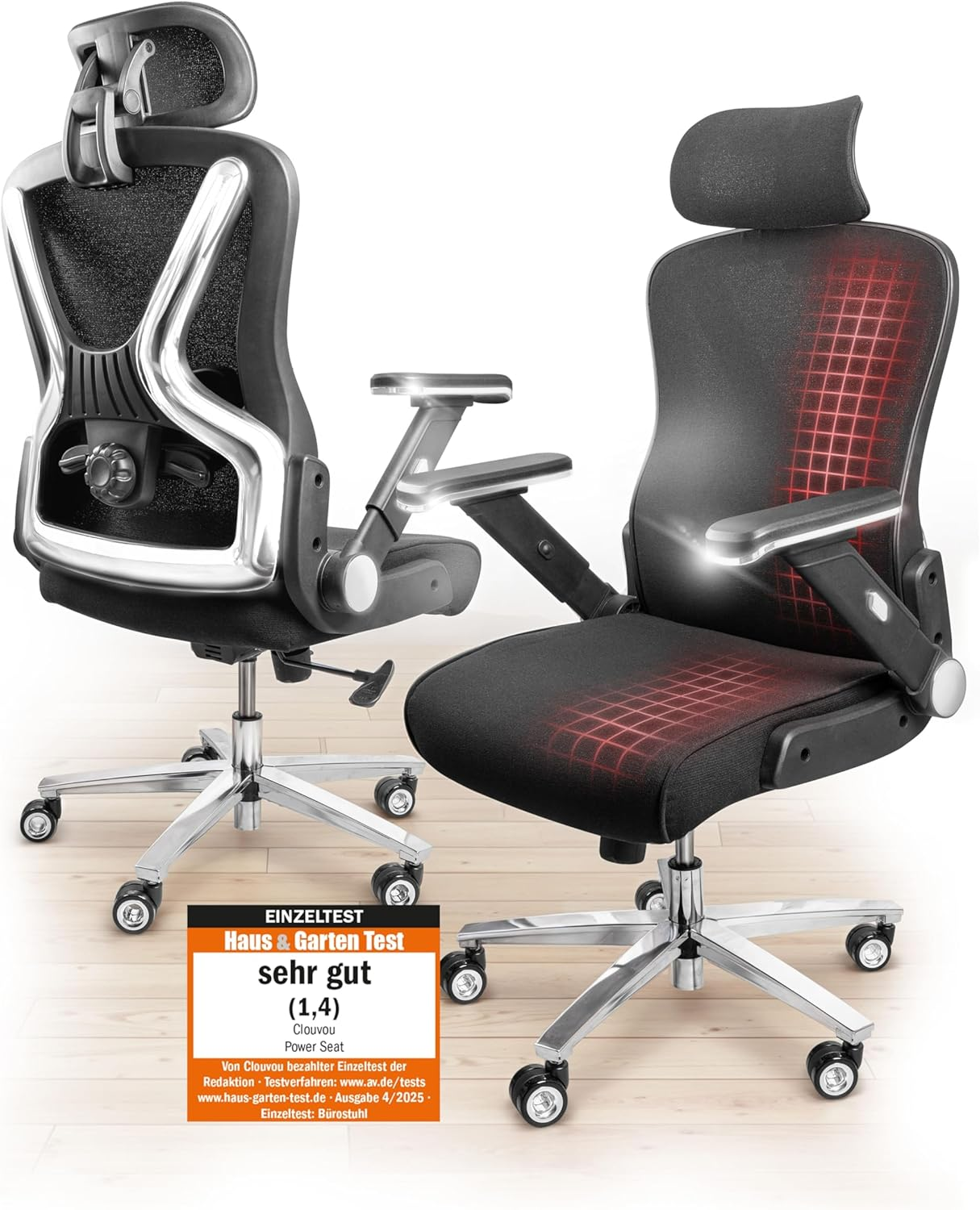 Zwei schwarze Bürostühle mit Chromdetails und rotem Muster auf der Sitzfläche.