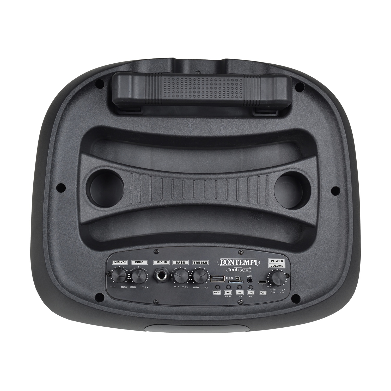 Altoparlante portatile nero con maniglie e controlli come volume, bassi ed eco.
