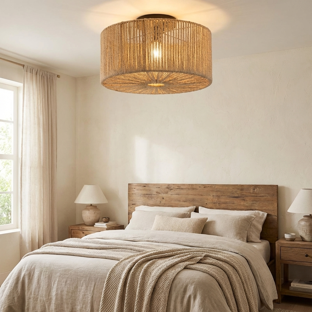 Un dormitorio con cama, mesitas de noche y lámpara de cuerda.