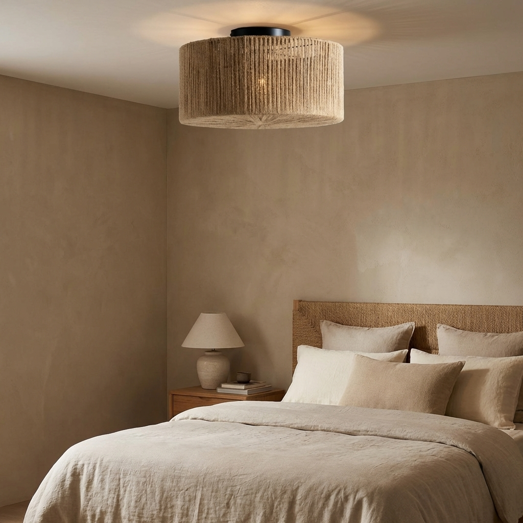 Un dormitorio con cama, mesita de noche, lámpara y lámpara colgante de cuerda.