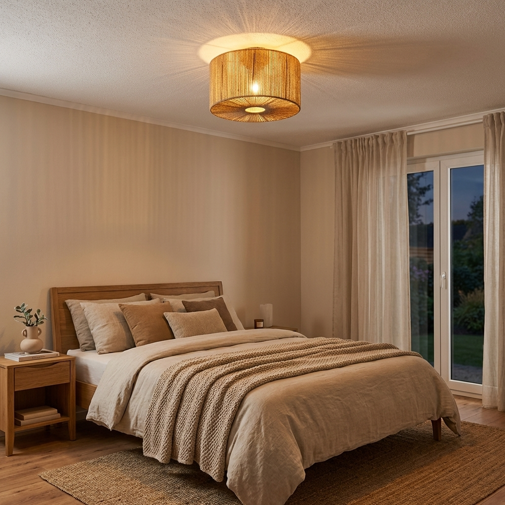 Un dormitorio acogedor con cama de madera, ropa de cama neutra y lámpara de techo tejida.