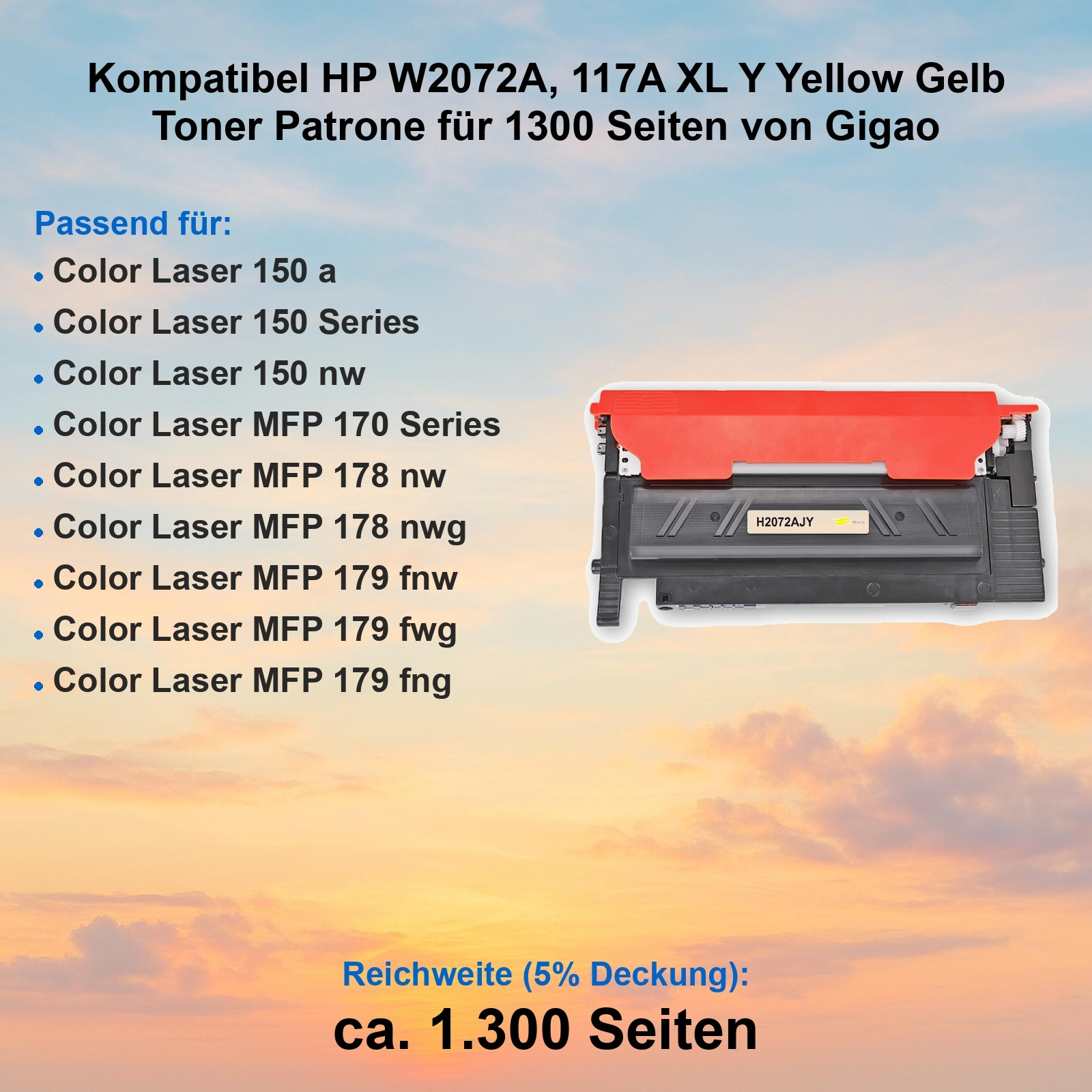 Gelbe HP W2072A Tonerpatrone, kompatibel, für 1300 Seiten.
