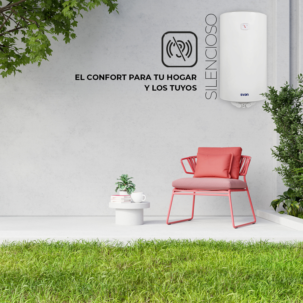 Un calentador de agua blanco junto a una silla rosa en un patio con césped.