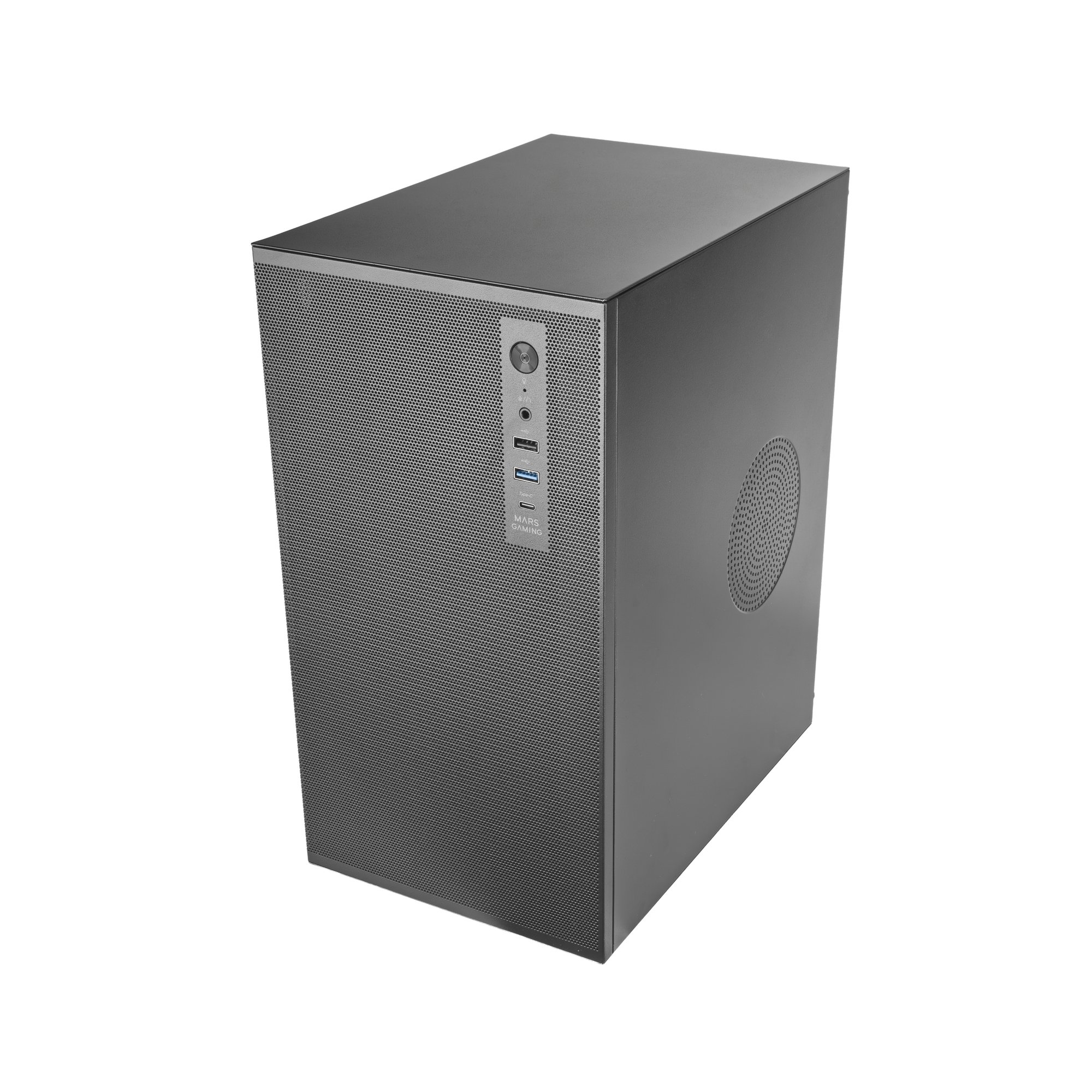 Case PC nero con frontale e ventilazione laterale forati.