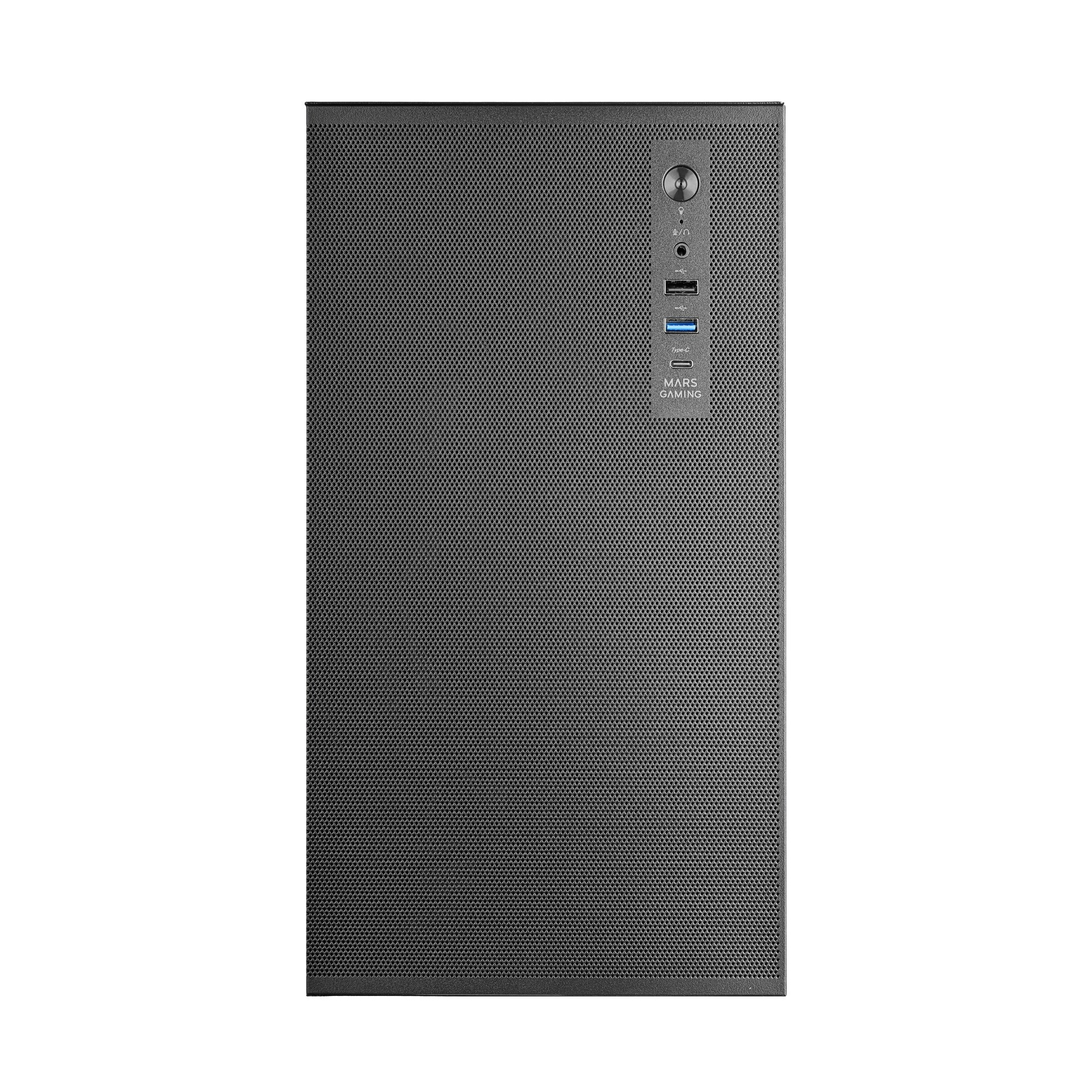 Case PC nero con frontale forato e porte superiori.