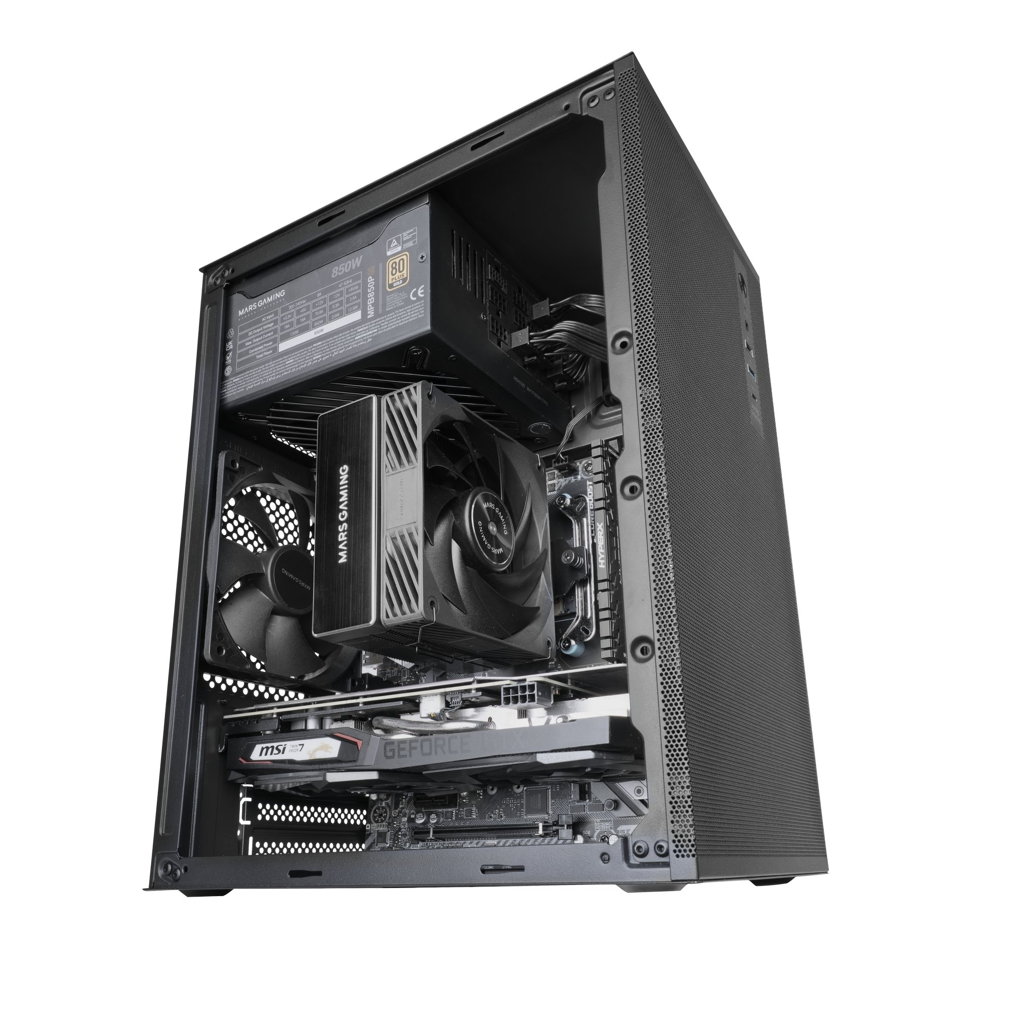 Vista interna di un case PC nero, che mostra alimentatore, dissipatore CPU, GPU e scheda madre.