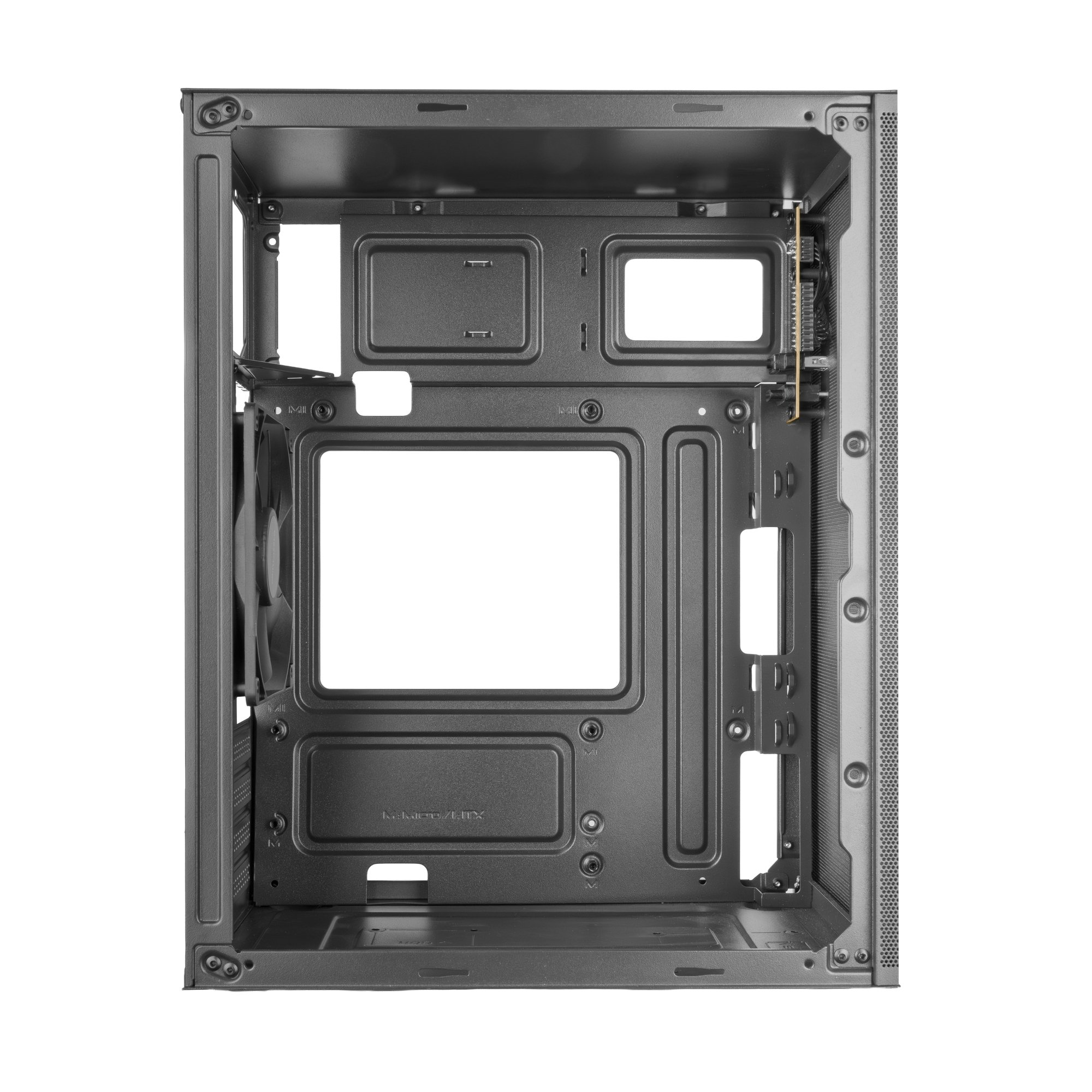 Interno di un case per computer nero vuoto con ventola e gestione cavi.