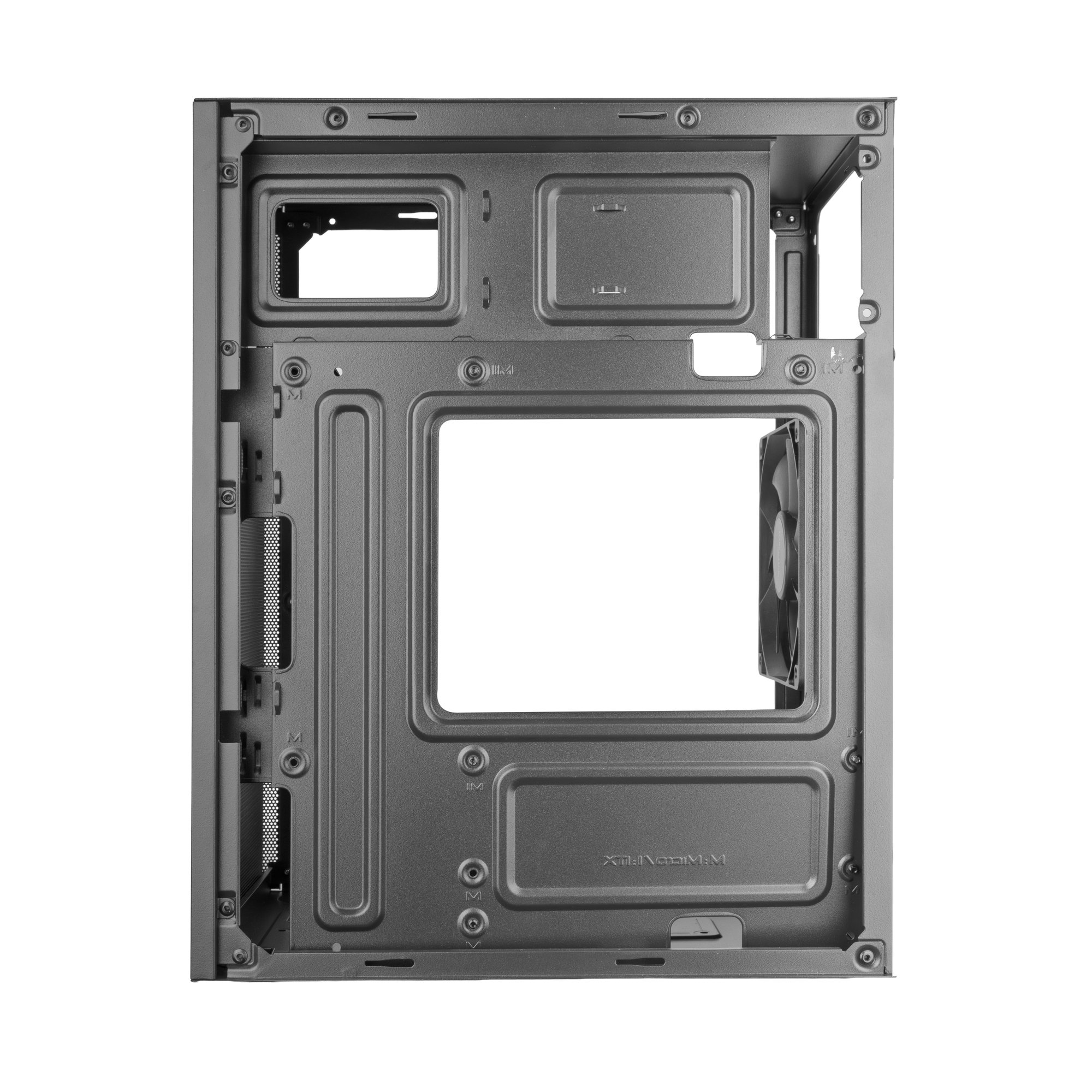 Interno del case del computer grigio con ventola e punti di montaggio.