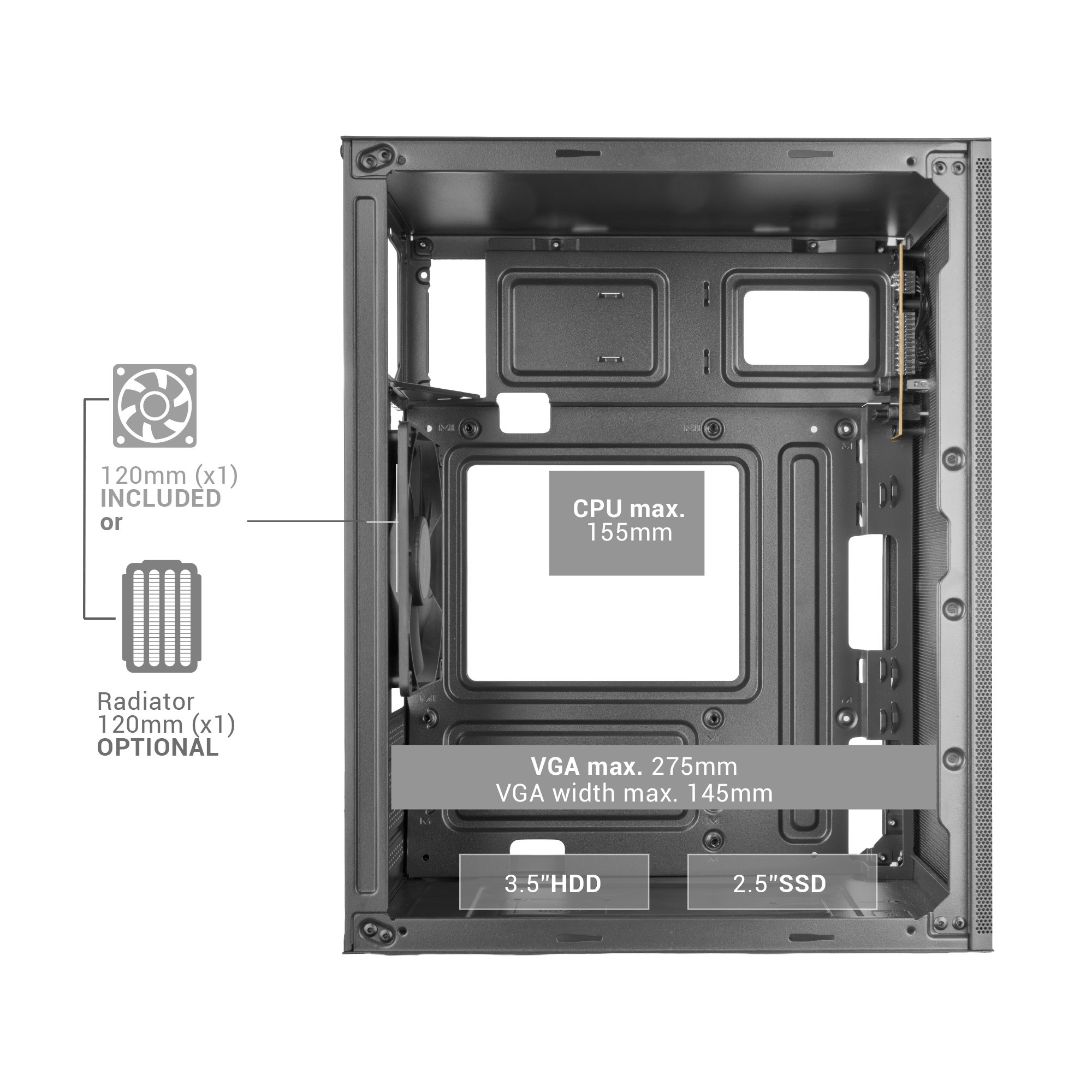 Vista interna di un case per PC che mostra punti di montaggio per ventole, radiatori, CPU, VGA, HDD e SSD.