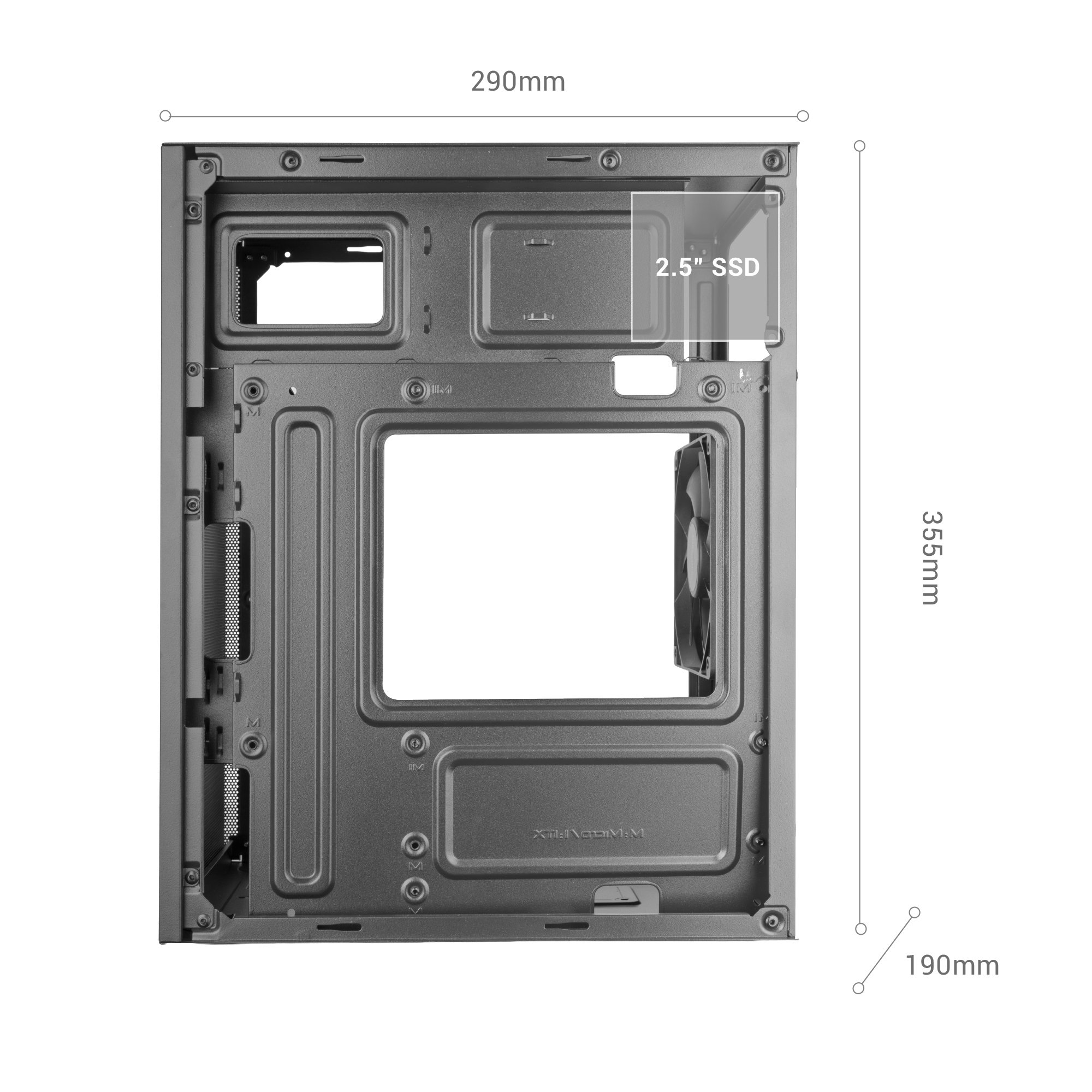 Retro di un case PC, dimensioni 290x355x190mm, con supporto SSD 2.5".