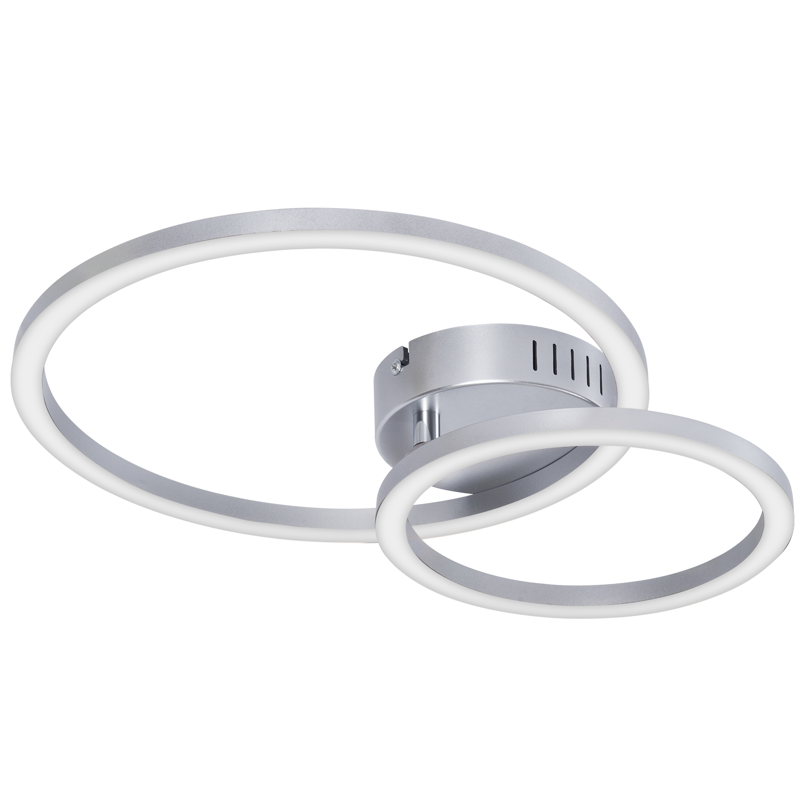 Plafoniera moderna con due anelli argentati e illuminazione LED integrata.