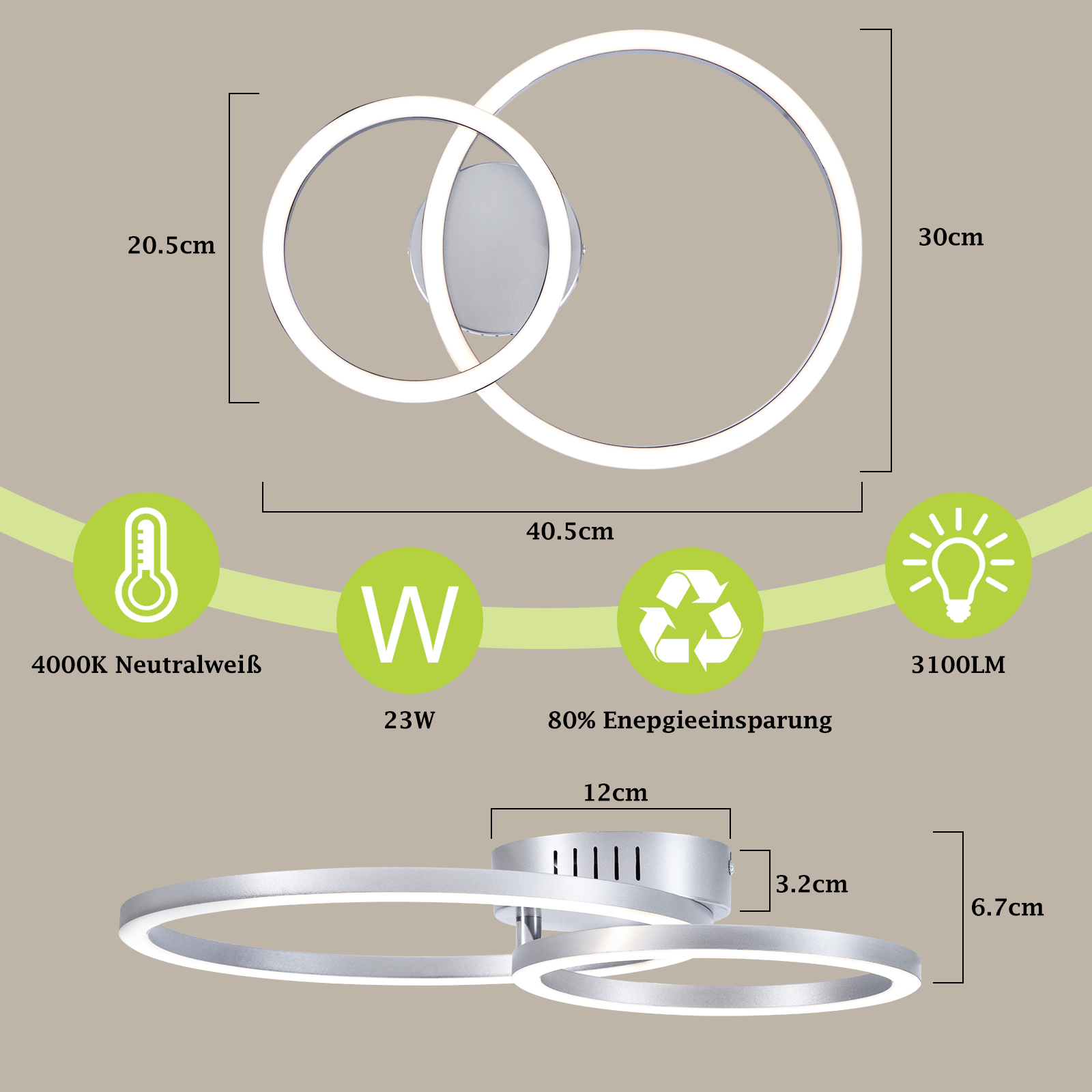 Lampada da soffitto con due anelli sovrapposti, dimensioni e specifiche. Bianco neutro.