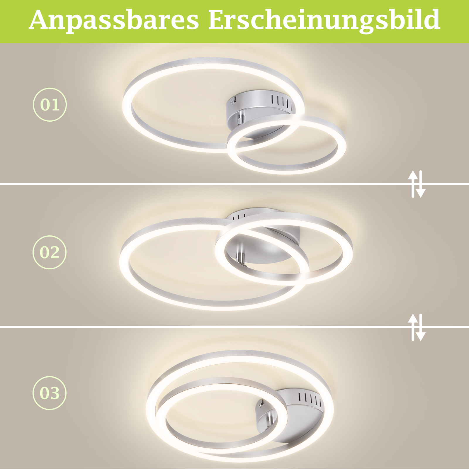 Lampada da soffitto con due anelli intrecciati che emettono luce.