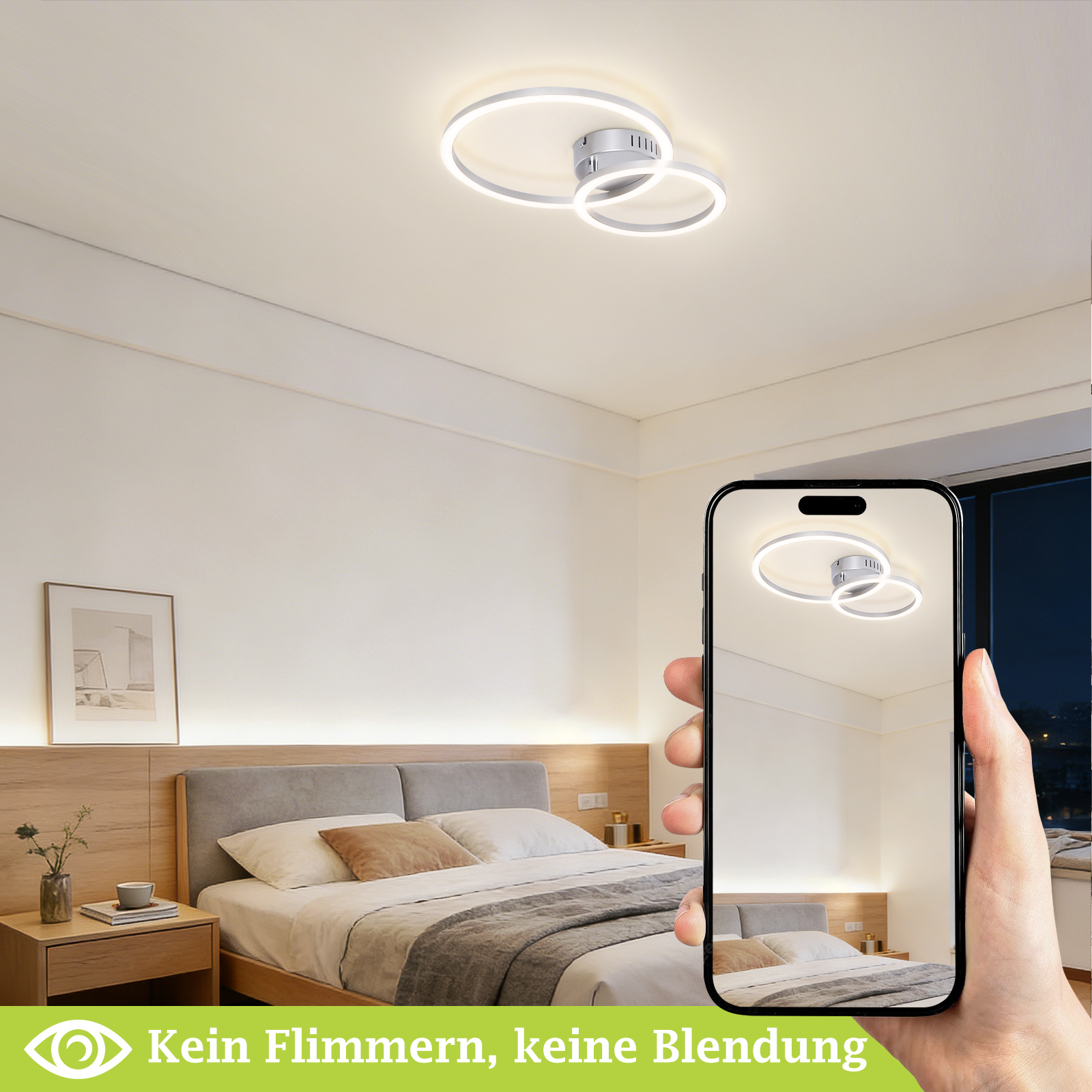Camera da letto moderna con letto matrimoniale, comodino e lampada da soffitto mostrata su un telefono.