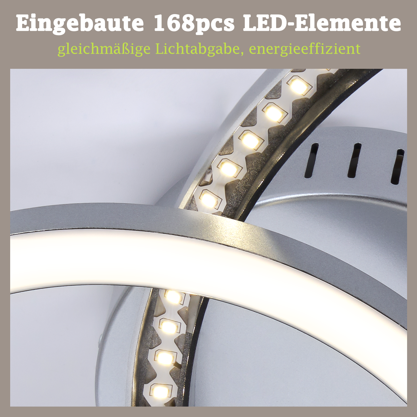 Primo piano di una lampada con due anelli argentati e luci a LED.