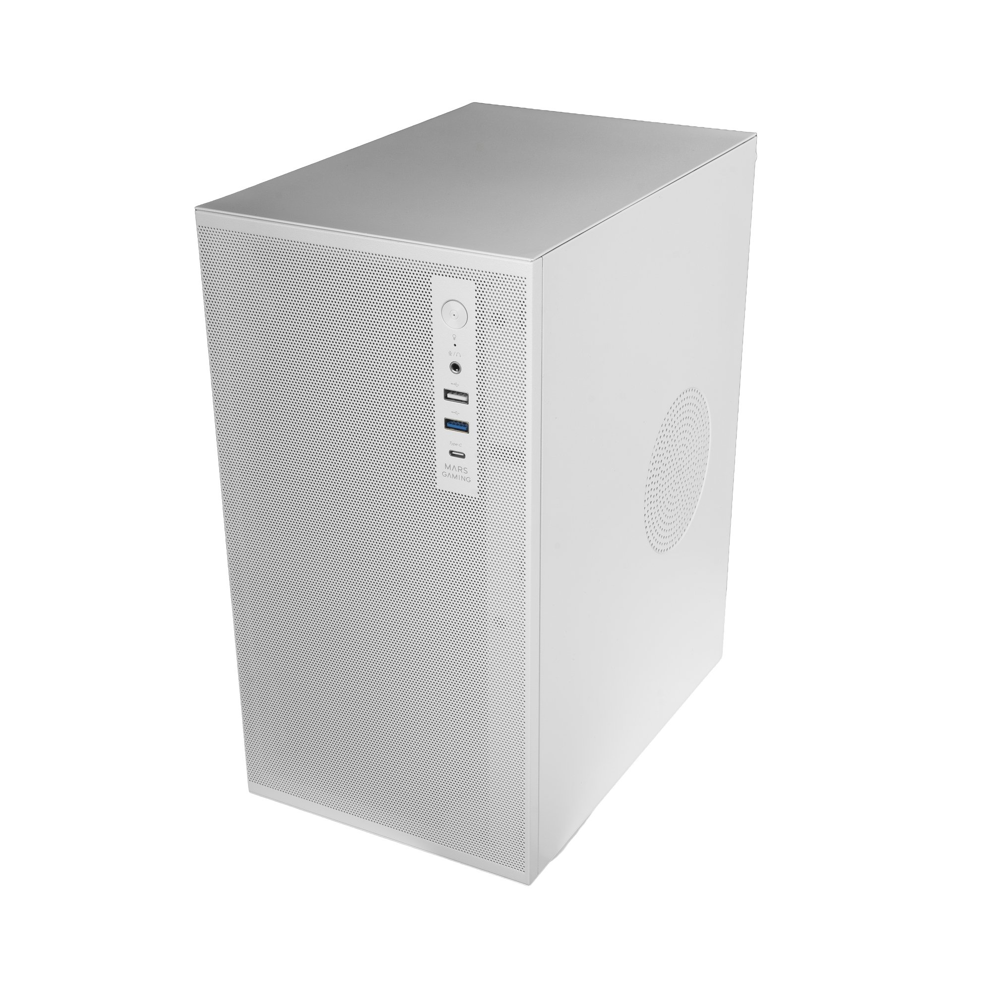 Una tower bianca per computer con pannello frontale forato e porte USB.