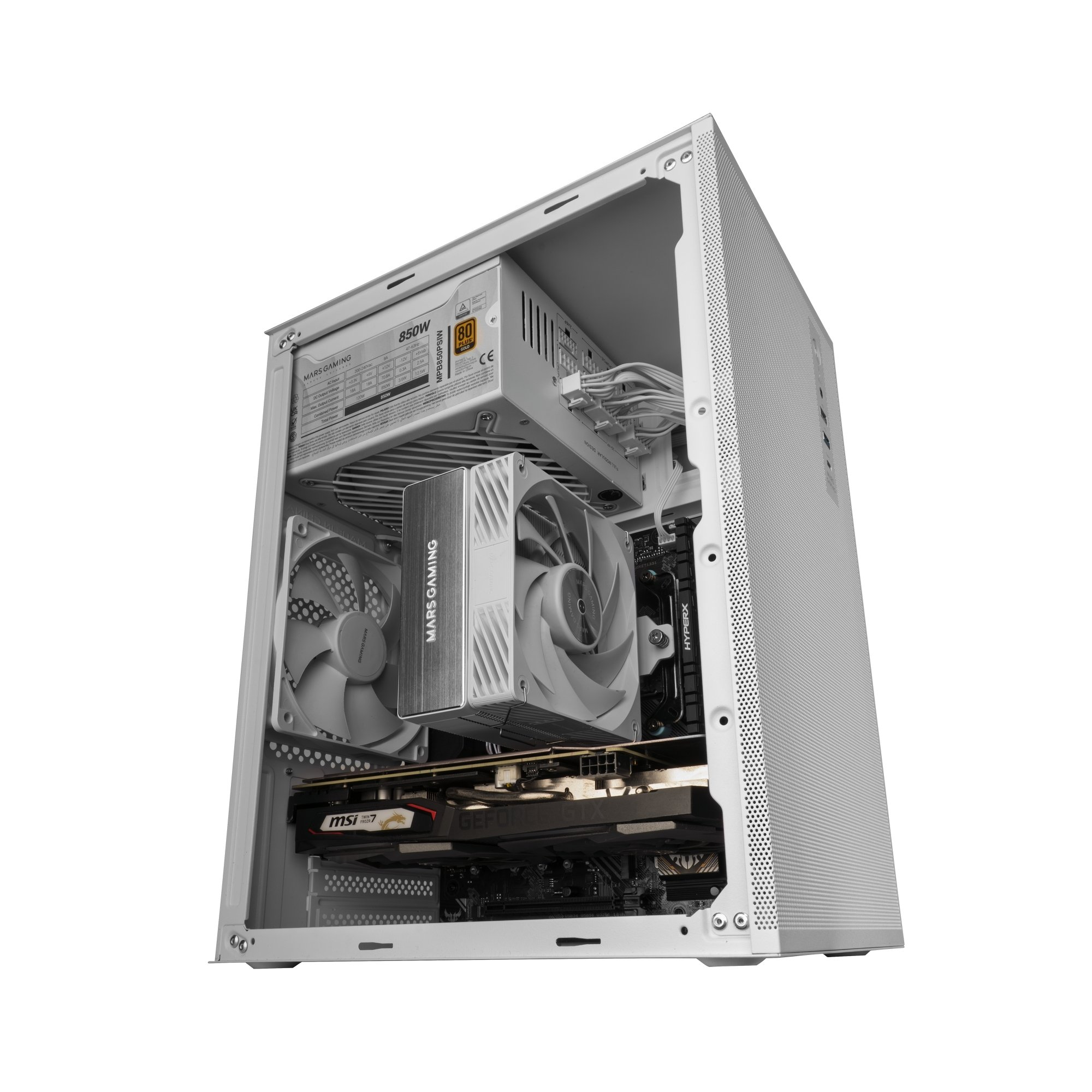 Un case PC bianco con pannello laterale aperto, mostra componenti interni: alimentatore, ventole e GPU.