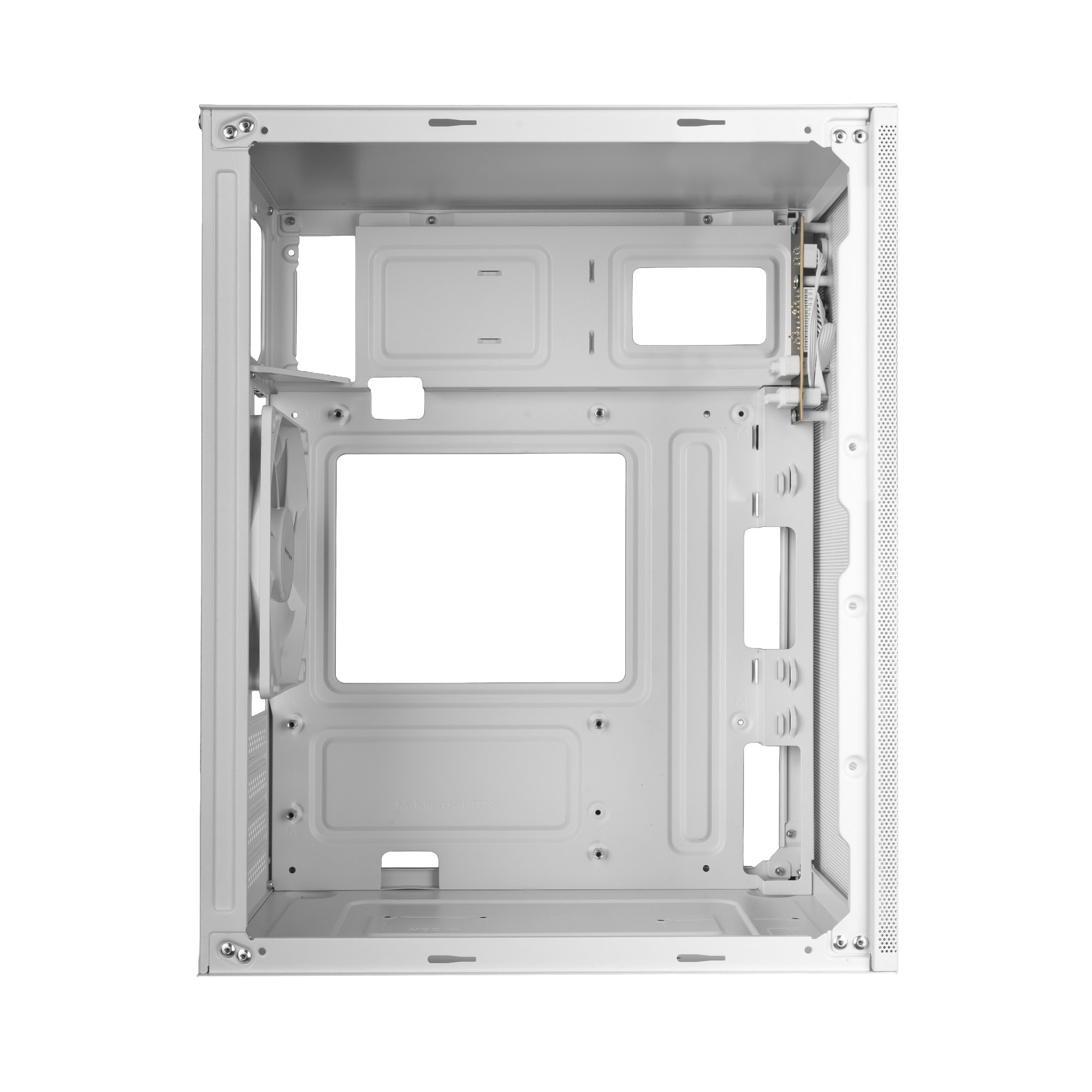 Vista interna di un case per computer bianco vuoto con ventola e punti di montaggio.